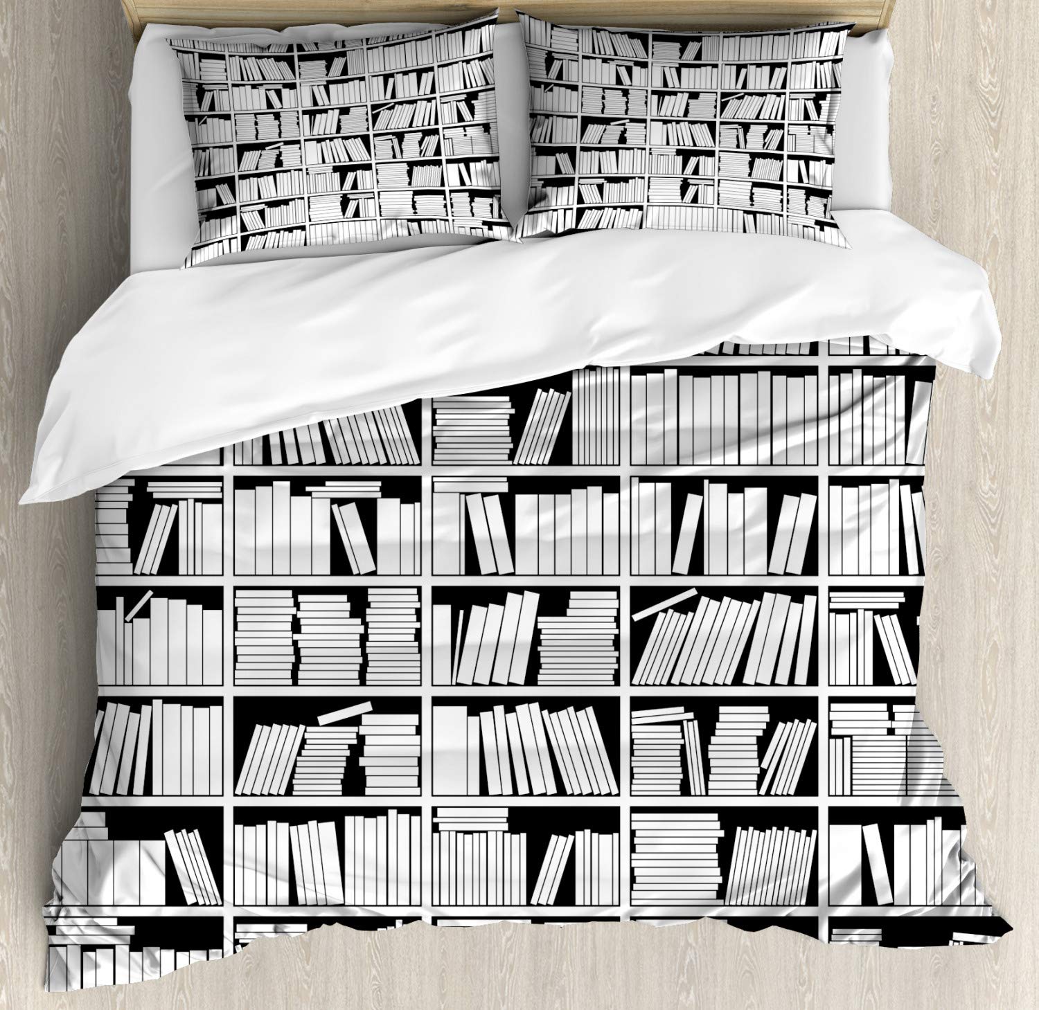 Ambesonne Library Duvet Cover Set - Queen Size 3 Piece Bedding with 2 Pillow Shams | Education Themed Monochrome Bookshelf Design in Charcoal Grey & White | Perfect for Book Lovers, Students, Teachers & Literary Themed Bedrooms