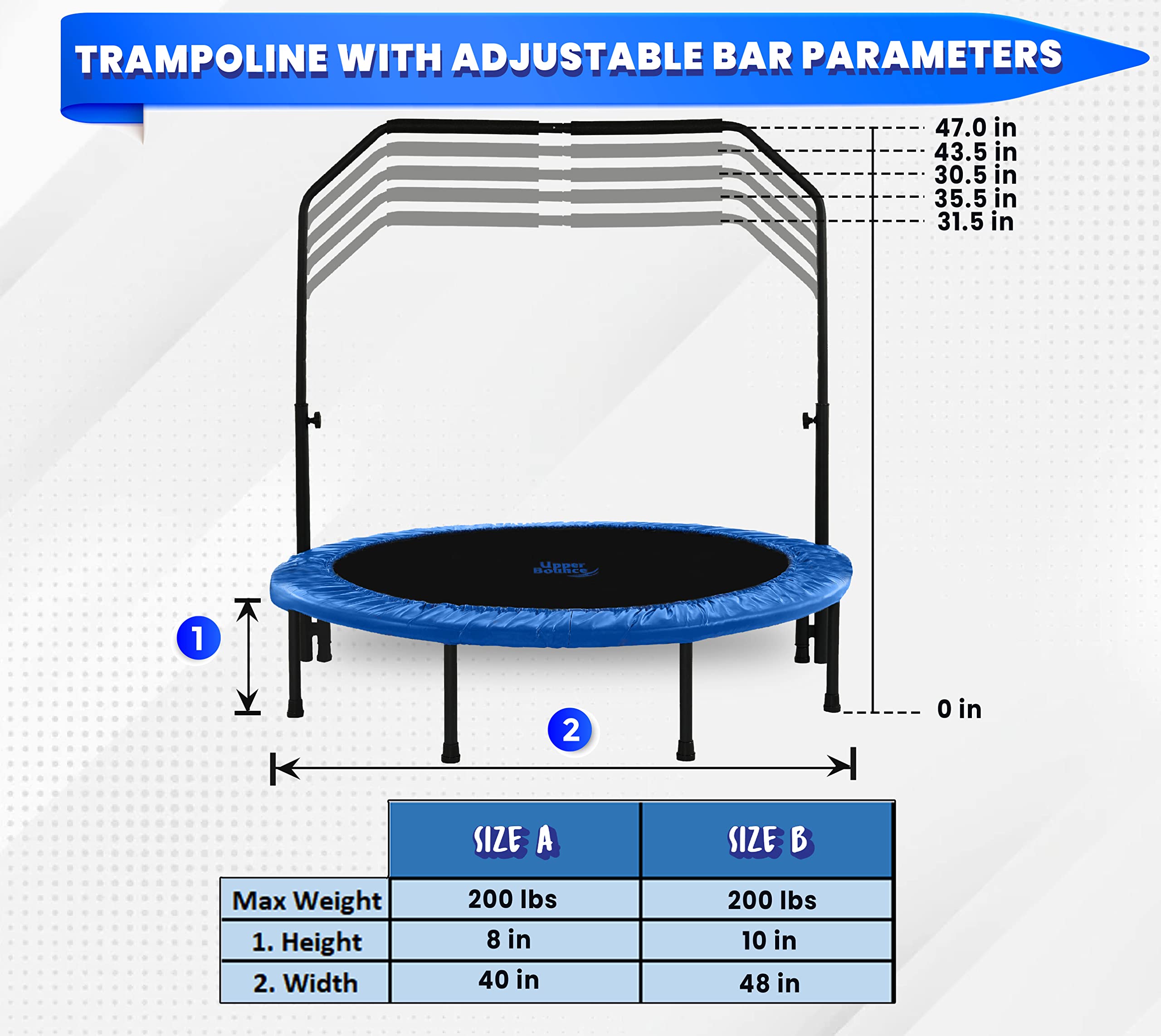 Upper Bounce Mini Trampoline for Adults & Kids - Foldable Rebounder for Indoor/Outdoor Fitness Exercise with Adjustable Bar & Safety Pad - Perfect for Home Workouts, Backyard Fun & Physical Therapy