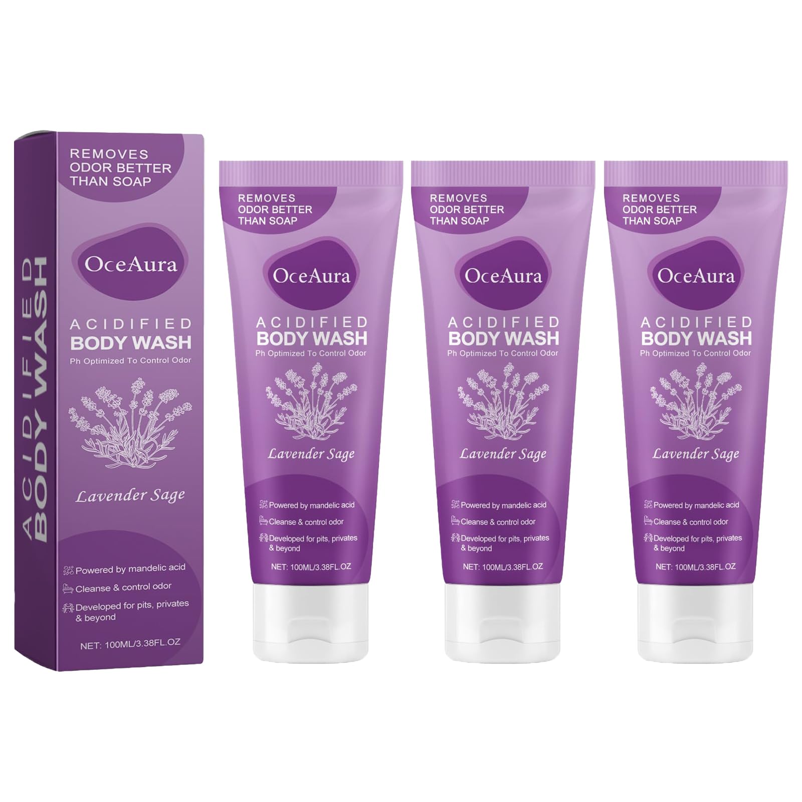 Acidified Body Wash - 3 Pack Odor Control & Moisturizing Formula - SLS & Paraben Free - 3.38 Fl Oz (Lavender Sage) - Ideal for Post-Workout, Gym & Active Lifestyle