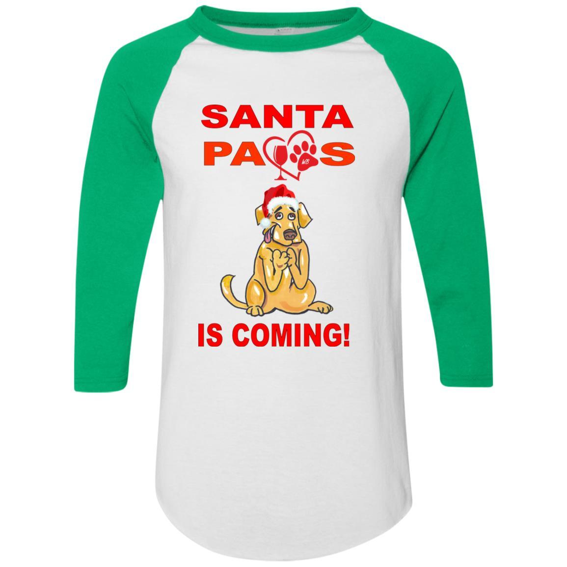 Santa Paws Is Coming Augusta Colorblock Raglan Jersey - Funny Christmas Dog Sweater for Small Medium Large Breeds - Perfect for Holiday Photos & Family Gatherings
