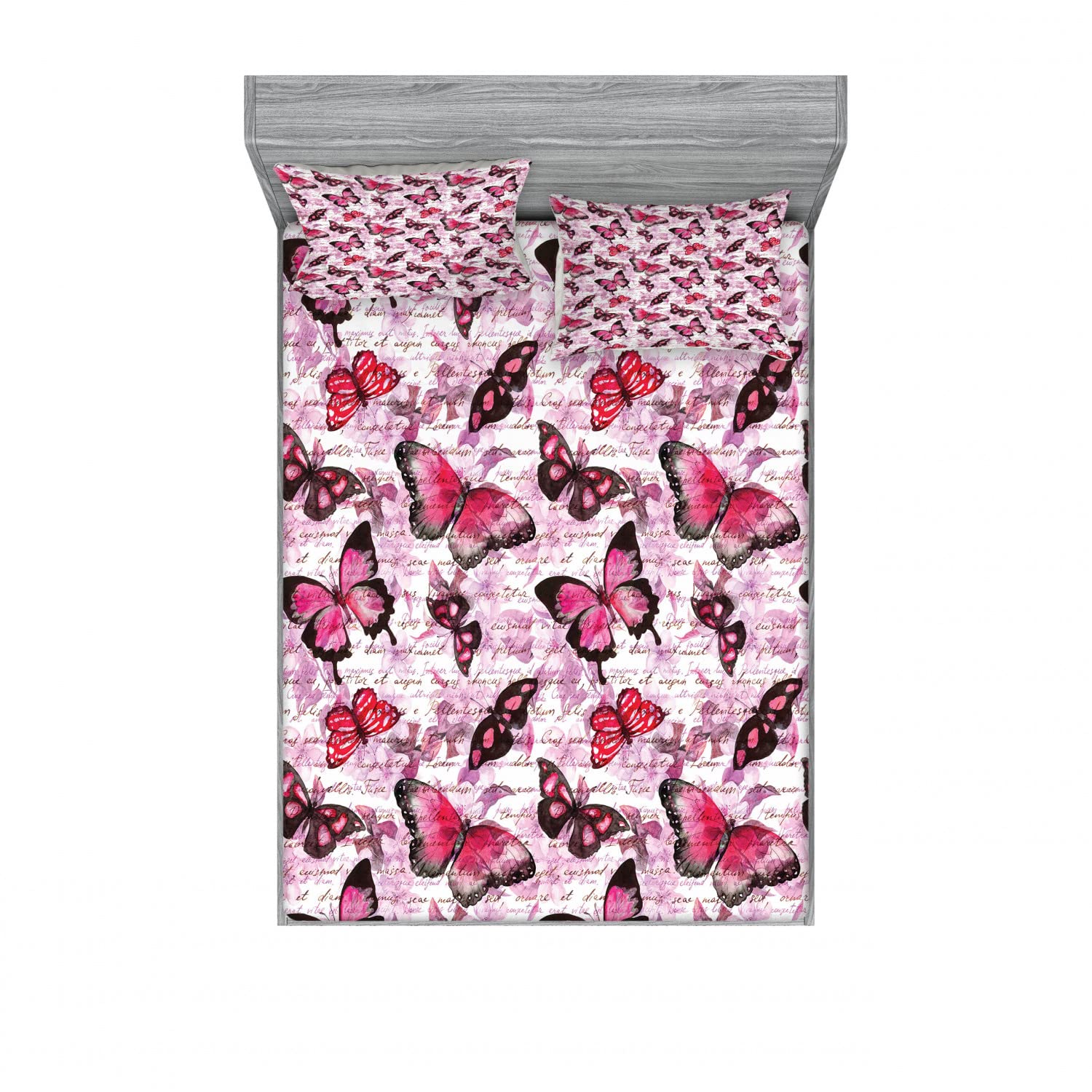Ambesonne 2-Piece King Size Fitted Sheet Set with 4 Pillow Shams - Paintbrush Butterfly Design in Black Lilac Pink | Vintage Inspired Bedding Collection | Perfect for Guest Rooms, Master Bedrooms & Bohemian Home Decor
