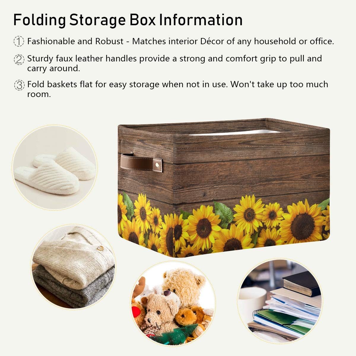 Floral Sunflower Collapsible Storage Basket with PU Leather Handles - Foldable Fabric Bin for Toys, Wardrobe & Closet Organization - Perfect for Nursery, Playroom & Home Decor Storage Solutions