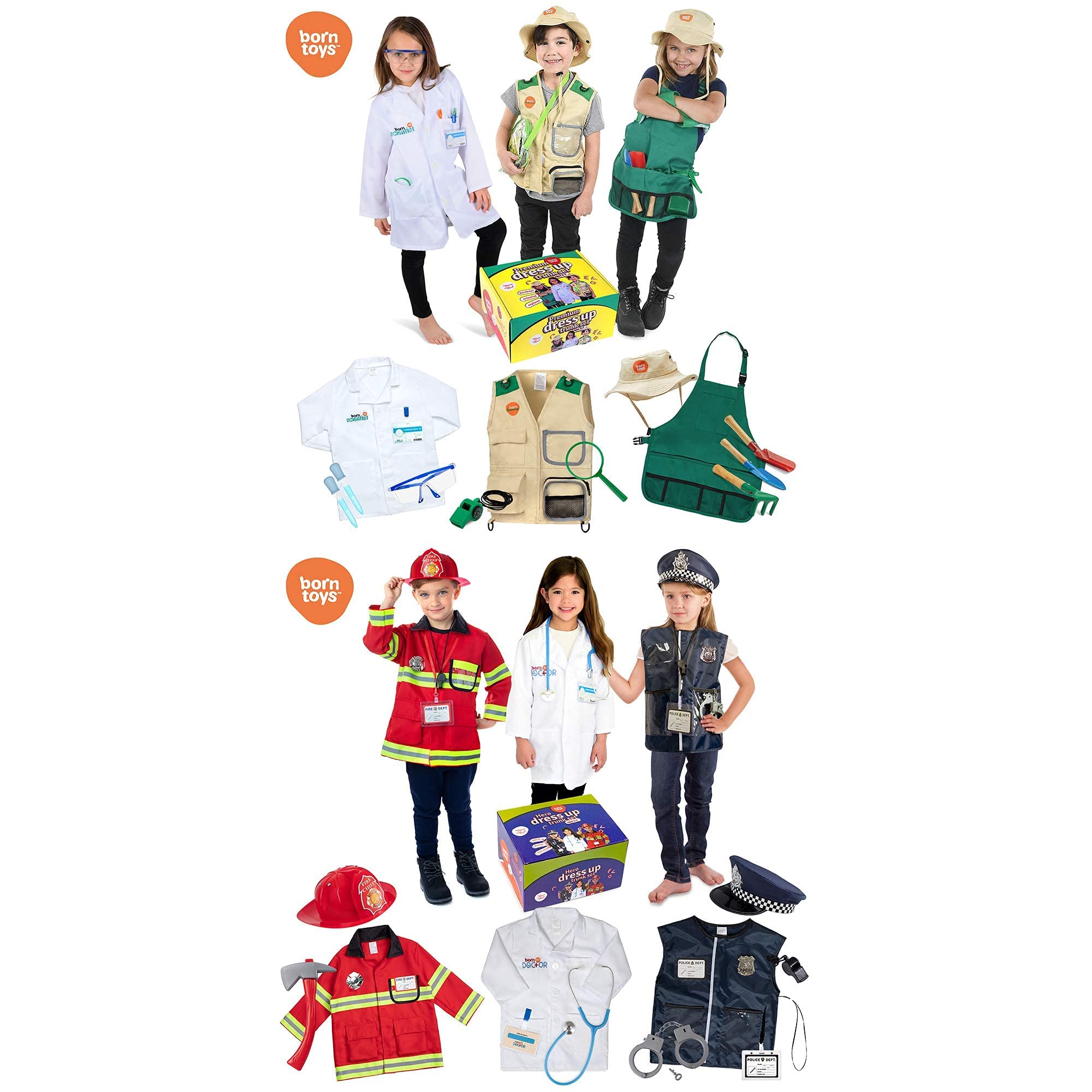 Born Toys Deluxe Premium Washable Hero & Dress Up Trunk Set - Fireman, Policeman, Doctor, Explorer, Gardener, Scientist Costumes for Kids Ages 3-8 | Pretend Play, Role Playing, Halloween & Birthday Party Costumes