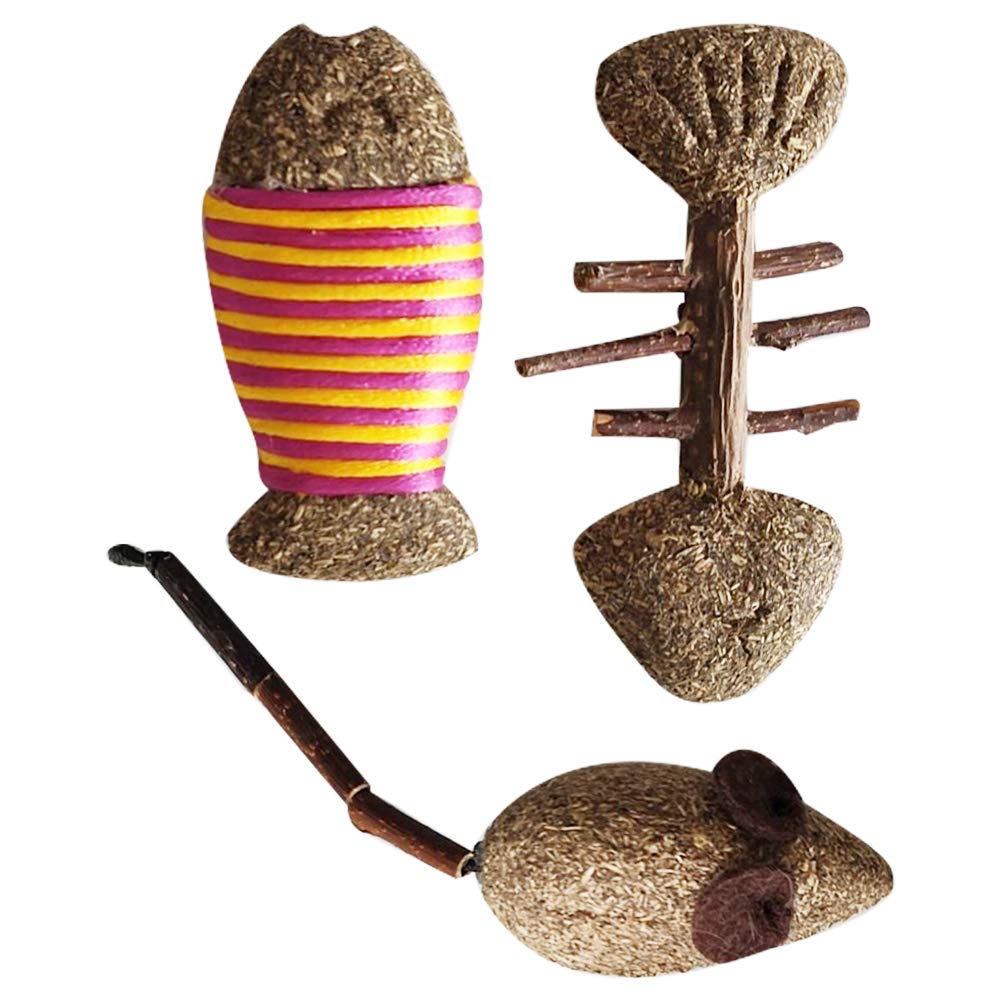 3Pcs Catnip Chew Toys for Teeth Cleaning - Funny Cat Toys with Catmint (Fish Bone, Rat & Fish Shapes) - Perfect for Playtime & Dental Health for Your Pet