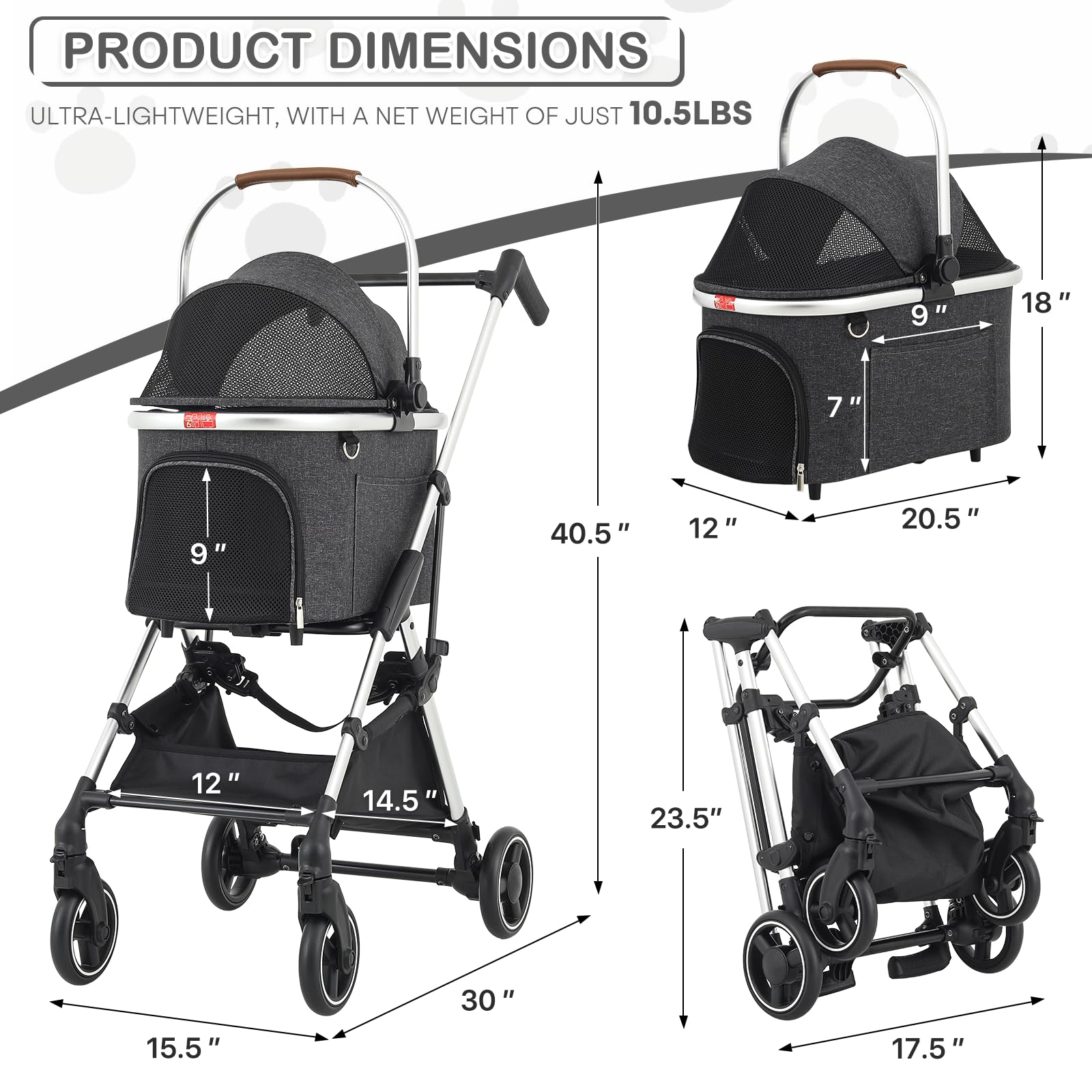 MoNiBloom Lightweight Pet Stroller for Small & Medium Dogs - Foldable Jogging Stroller with Detachable Carrier, Aluminum Frame - Dark Gray | Perfect for Travel, Walks & Outdoor Adventures