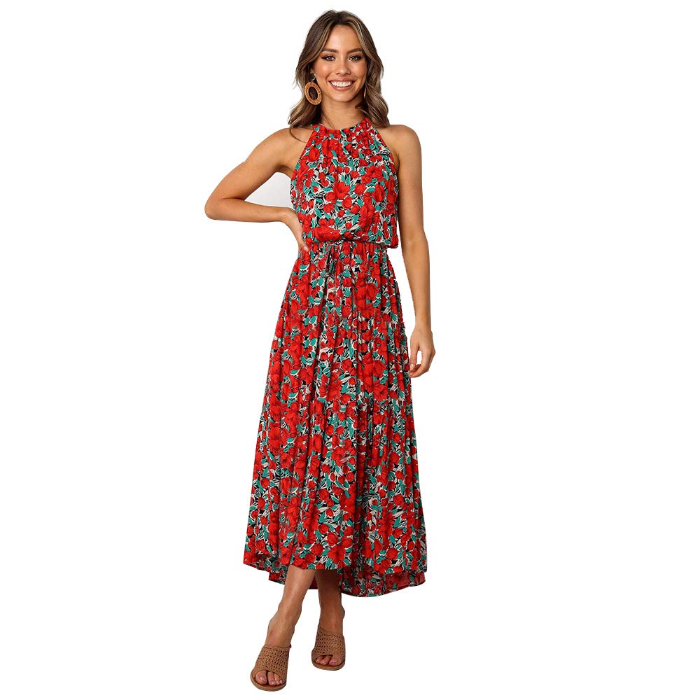 LALC California Women's Bohemian Floral Print Summer Dress - Sleeveless Long Maxi Dress with Belt for Beach, Vacation & Casual Outings