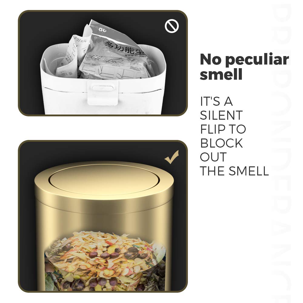 Stainless Steel Trash Can with Flip Lid - 9L for Kitchen, Bathroom & Bedroom - Metallic Gold