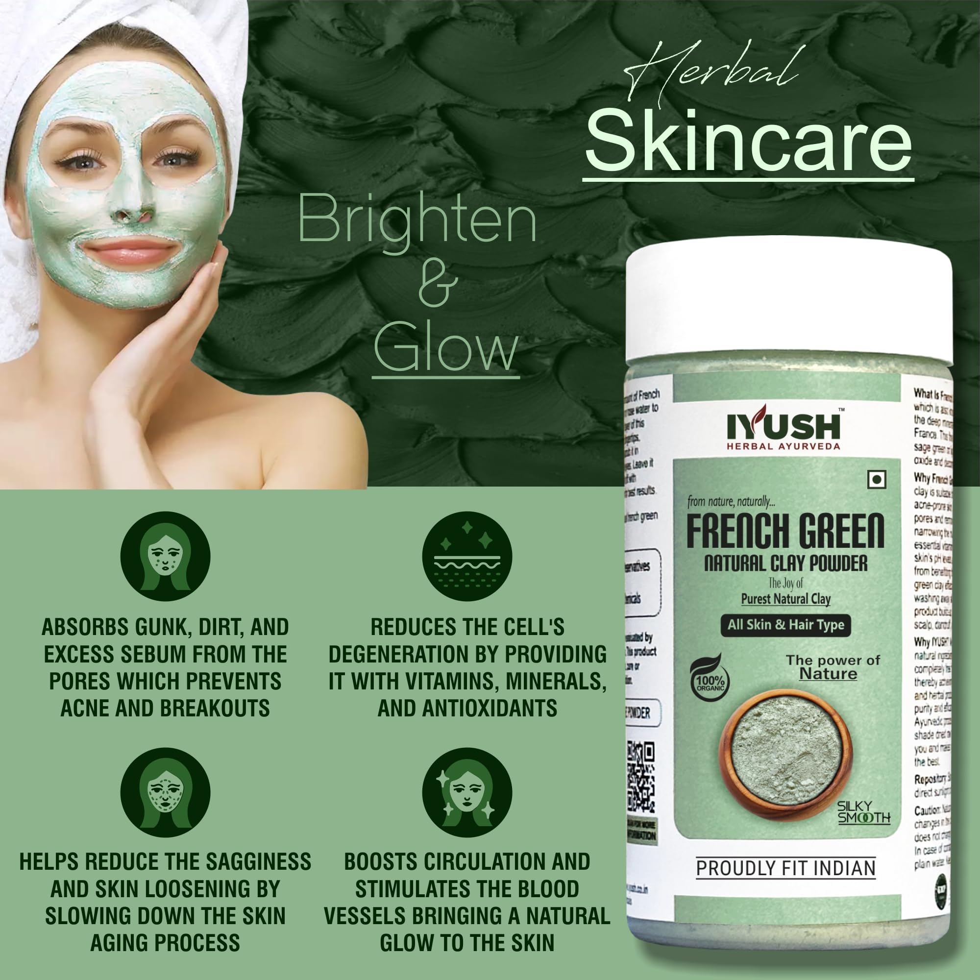 IYUSH Herbal Ayurveda French Green Clay Powder - 250gm | Natural Face Mask for Hydration & Detox | Deep Cleansing & Pore Minimizing | De-Tan & Brightening Treatment | Perfect for Spa, Acne Care & Glowing Skin Routine