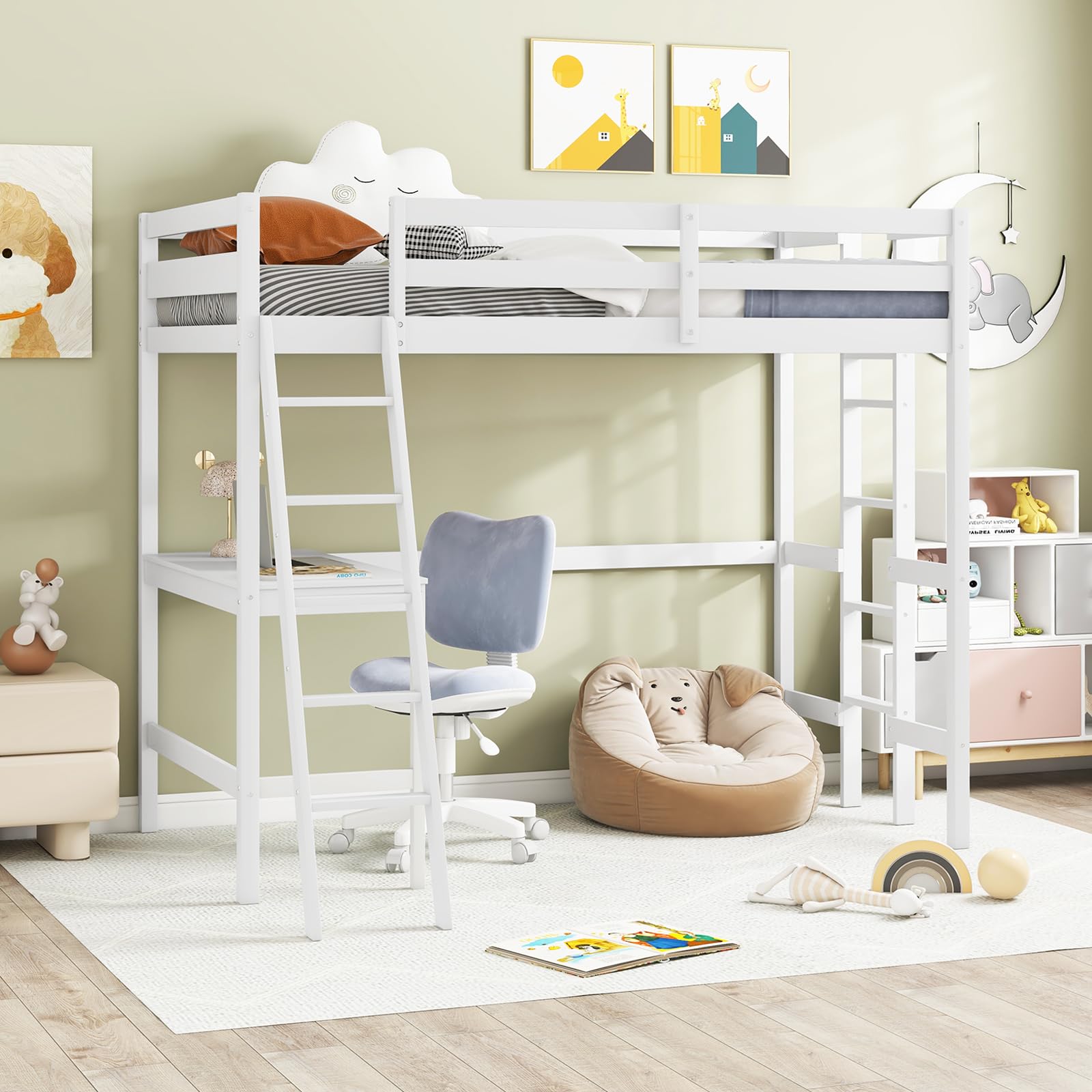 **KOMFOTT Twin Loft Bed with Desk - Solid Wood Loft Bed Frame for Teens & Adults - Space-Saving Bunk Bed with 2 Ladders & Safety Guardrail - No Box Spring Needed - Sturdy Wooden Slats Support (White) - Perfect for Small Bedrooms, Dorms, and Studio Apartments**