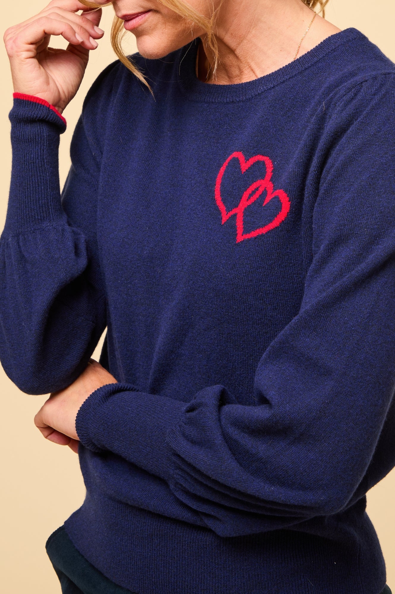 Merino Wool Hearts Crew Neck Sweater for Women - Navy & Red Striped Knit Pullover | Cozy Winter Fashion, Casual Outfit, Gift Idea