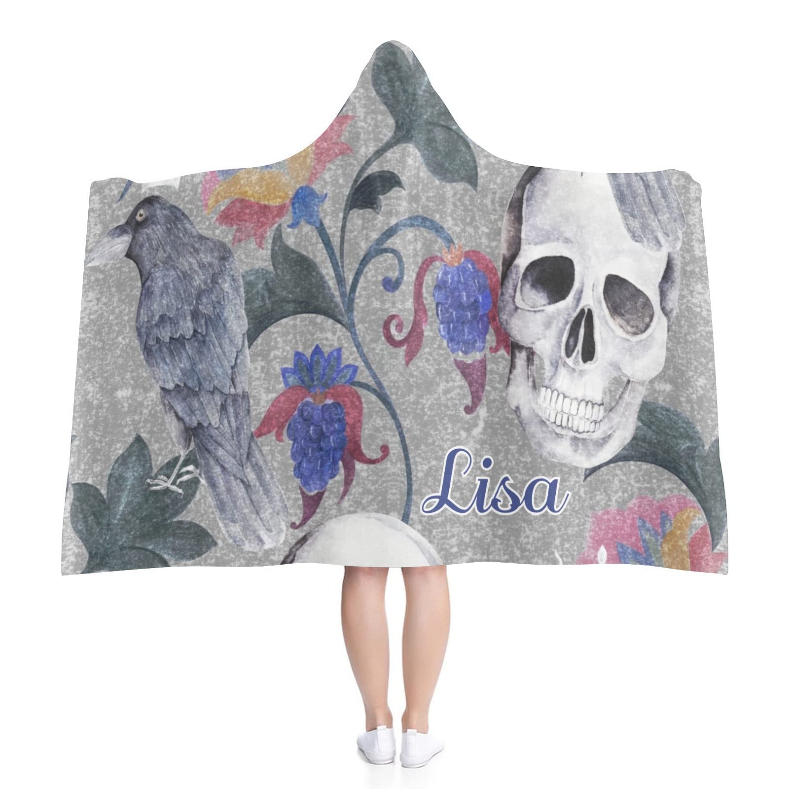 Custom Sugar Skull Hoodie Blanket - Personalized Name Wearable Throw for Adults & Kids - Cozy Cape Wrap Blanket for Gifts, Halloween, Christmas & Home Decor