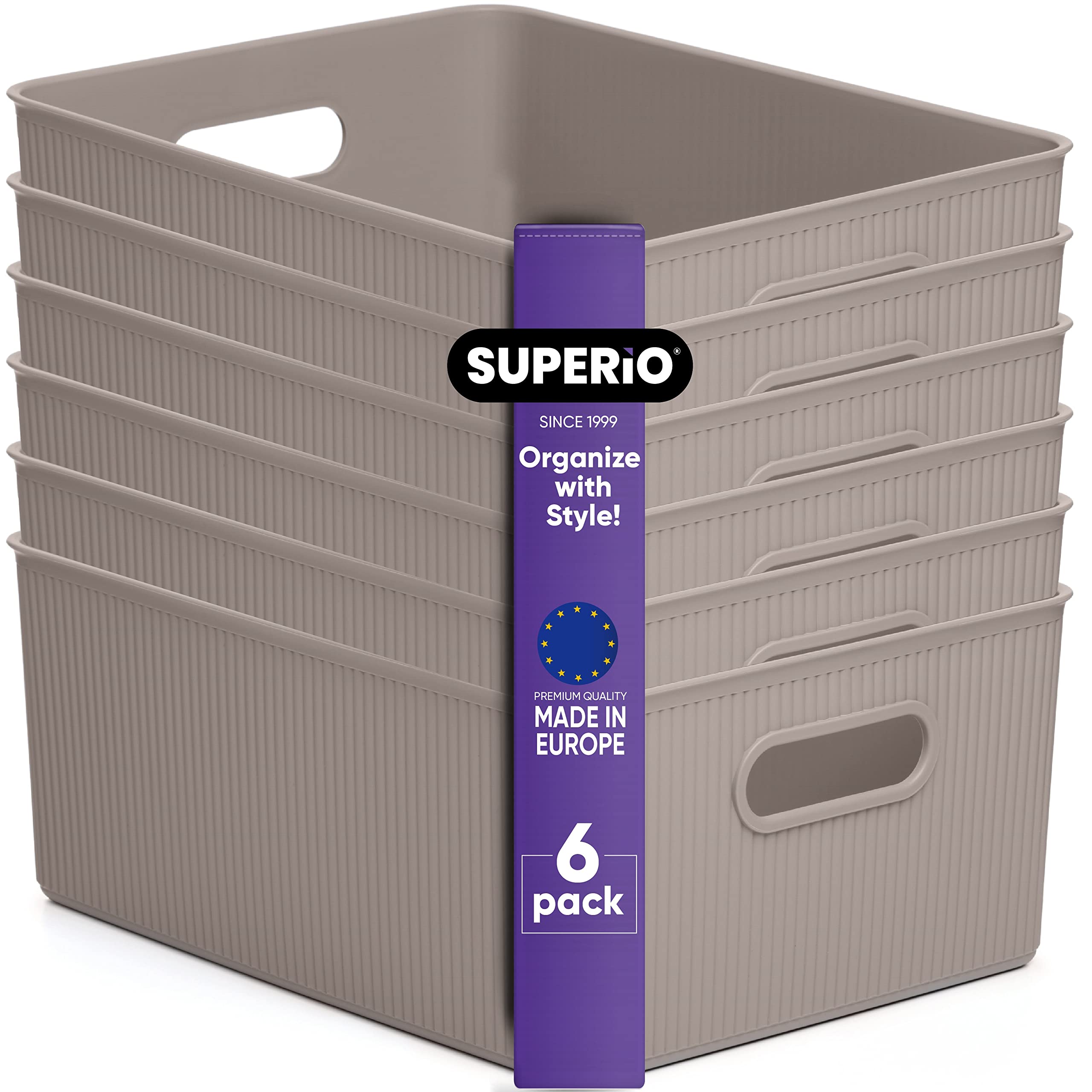Superio Ribbed Collection - Decorative Plastic Open Storage Bins & Organizer Baskets (6-Pack, Large Taupe, 15L/16Qt) for Closet, Shelf, Drawer Organization | Perfect for Bedroom, Bathroom & Office Storage Solutions