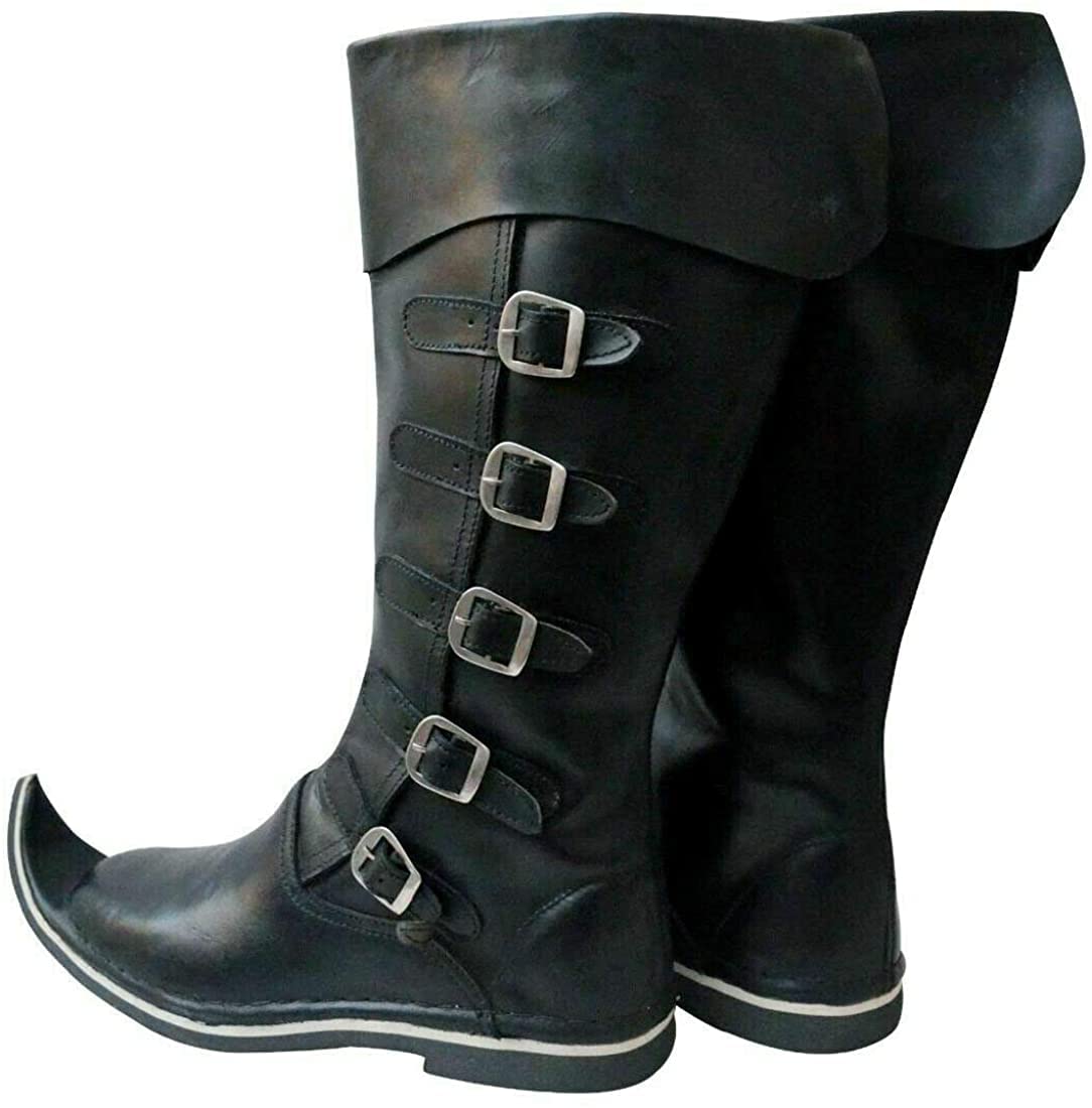 AnNafi 5 Buckle Medieval Leather Boots for Men - Renaissance Pirate Costume Boots, Halloween Cowboy Boots in Black (Large) - Perfect for LARP, Cosplay, and Historical Reenactments
