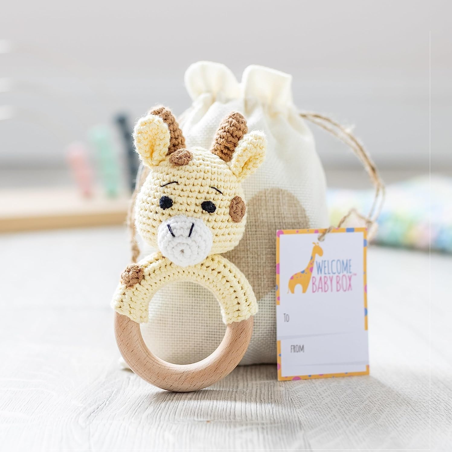 Personalized Baby Rattle with Name - Crochet Giraffe Rattle & Wooden Teether Ring | Perfect Baby Shower Gift for Boys, Girls & New Moms | Gender Neutral Newborn Gift with Free Gift Bag | Great for Playtime, Teething Relief & Nursery Decor