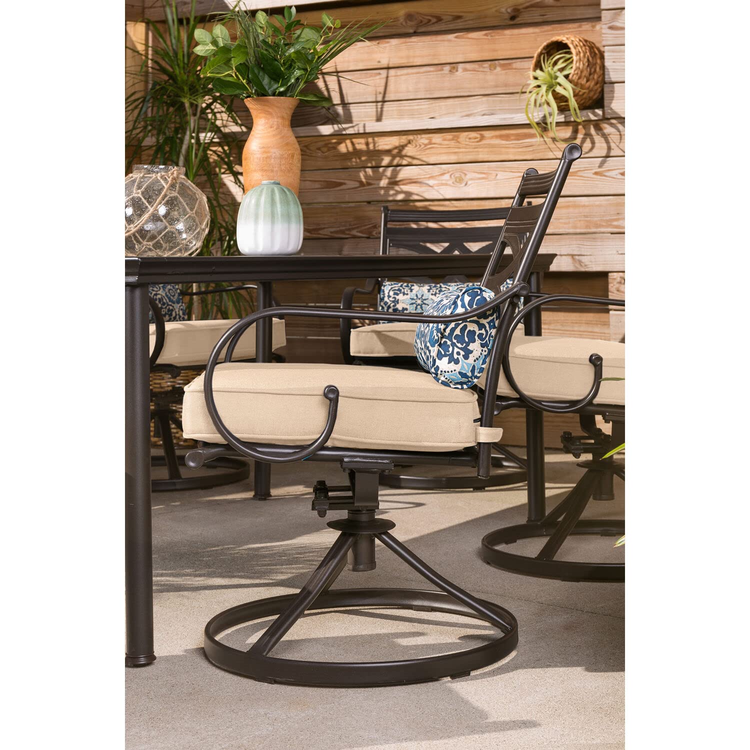 Hanover Montclair 7-Piece Outdoor Dining Set with 6 Swivel Rocking Chairs, Tan Cushions & Durable Steel Table - All-Weather Patio Furniture for Deck, Garden, Backyard - Perfect for Family BBQs, Outdoor Entertaining and Relaxing