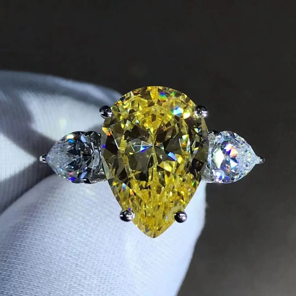 WUIHA Classic 925 Sterling Silver 3EX Pear Cut 6CT VVS Yellow Created Moissanite Wedding Engagement Ring - Customizable Fine Jewelry for Proposals, Anniversaries & Special Occasions