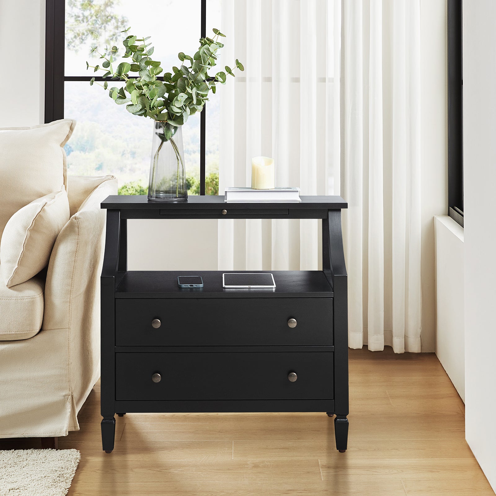 Grace 2-Drawer Nightstand with USB Charging Ports & Power Outlets - Modern Bedside Table for Bedroom, Living Room & Office Use