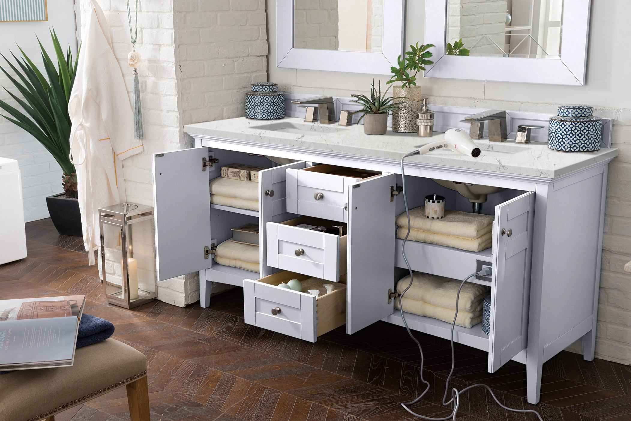 Palisades 72 Inch Double Bathroom Vanity with 3CM Eternal Jasmine Pearl Quartz Countertop in Bright White - Perfect for Master Bathroom Renovation and Modern Home Decor