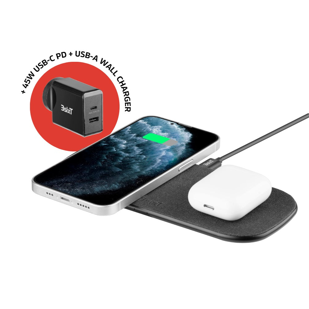 3sixT 15W + 15W Fast Wireless Charging Pad for iPhone & Android - Dual Device Charging Station - Black - Perfect for Home, Office & Nightstand Charging
