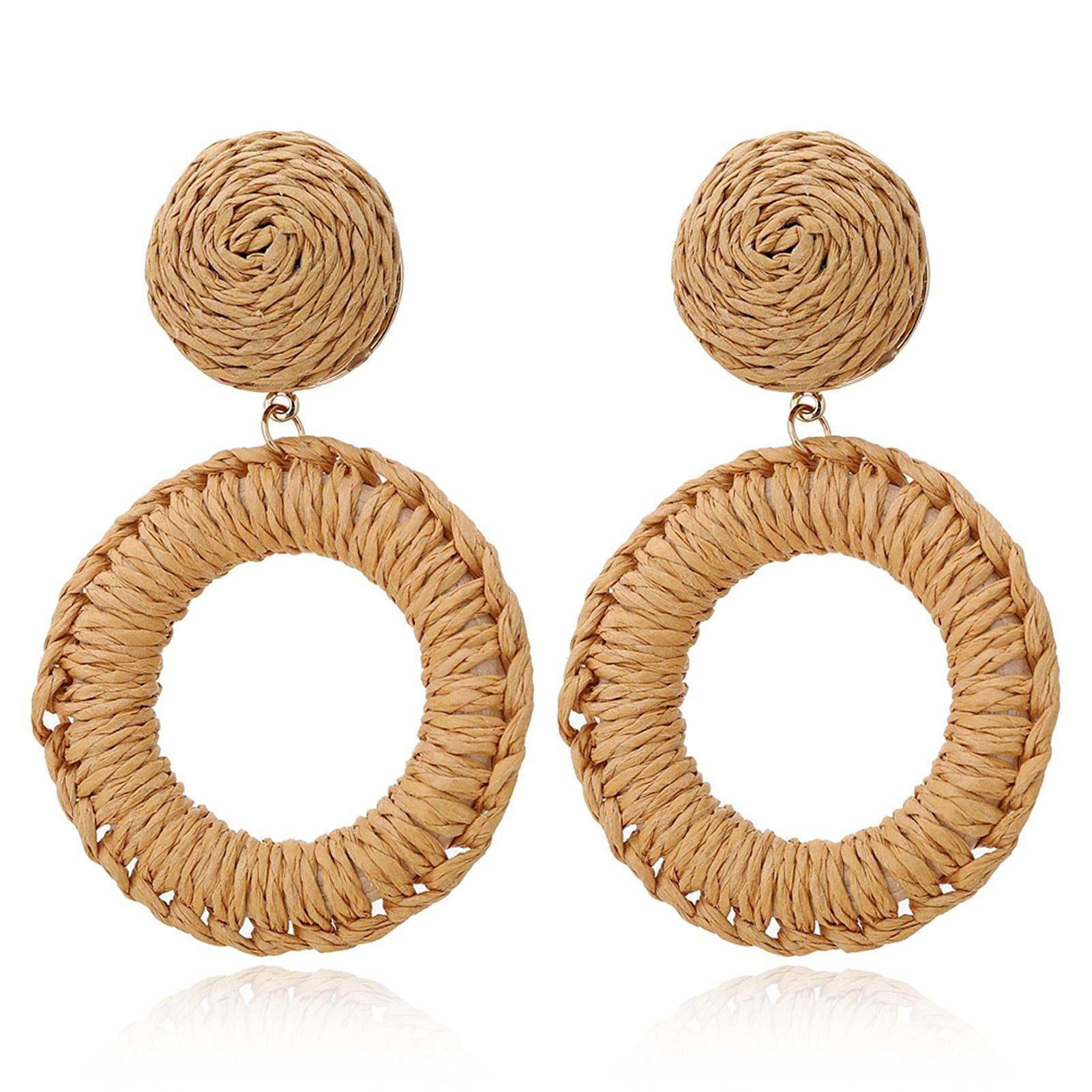 Bohemian Raffia Drop Earrings - Handmade Rattan Tassel Dangle Earrings for Women | Boho Chic Statement Jewelry for Vacation, Beach, Summer Outfits & Festival Fashion