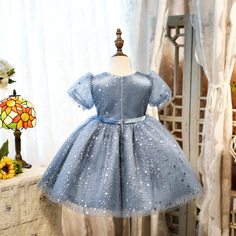 Royal Blue Organza Flower Girl Dress for Weddings - Tea Length Princess Round Neckline - Perfect for Bridal Parties, Pageants & Special Occasions
