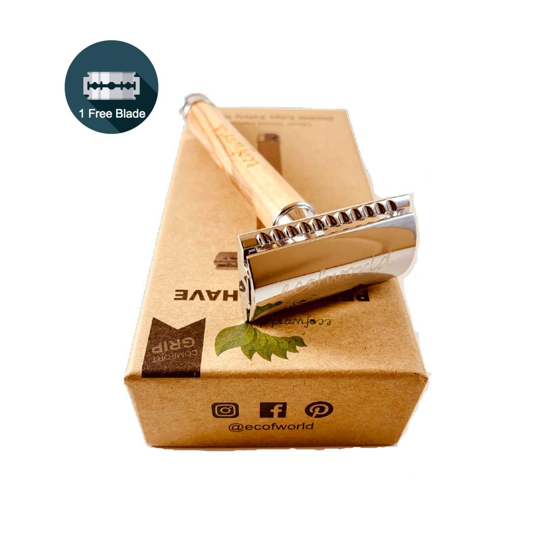 Eco-Friendly Double Edge Safety Razor with Olive Wood Handle - Durable & Reusable for Men & Women - Perfect for Sustainable Shaving