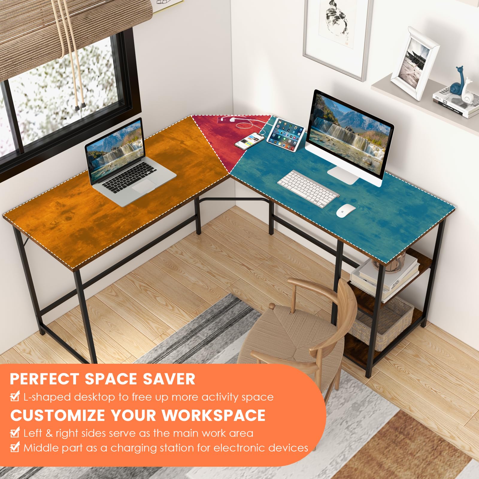 Tangkula L-Shaped Computer Desk with 2 Outlets & 2 USB Ports - Corner Home Office Desk, Study Writing Desk with Carbon Steel Frame, 2-Tier Shelf & Removable Shelf - Rustic Brown - Perfect for Small Spaces, Gaming Setup & Remote Work