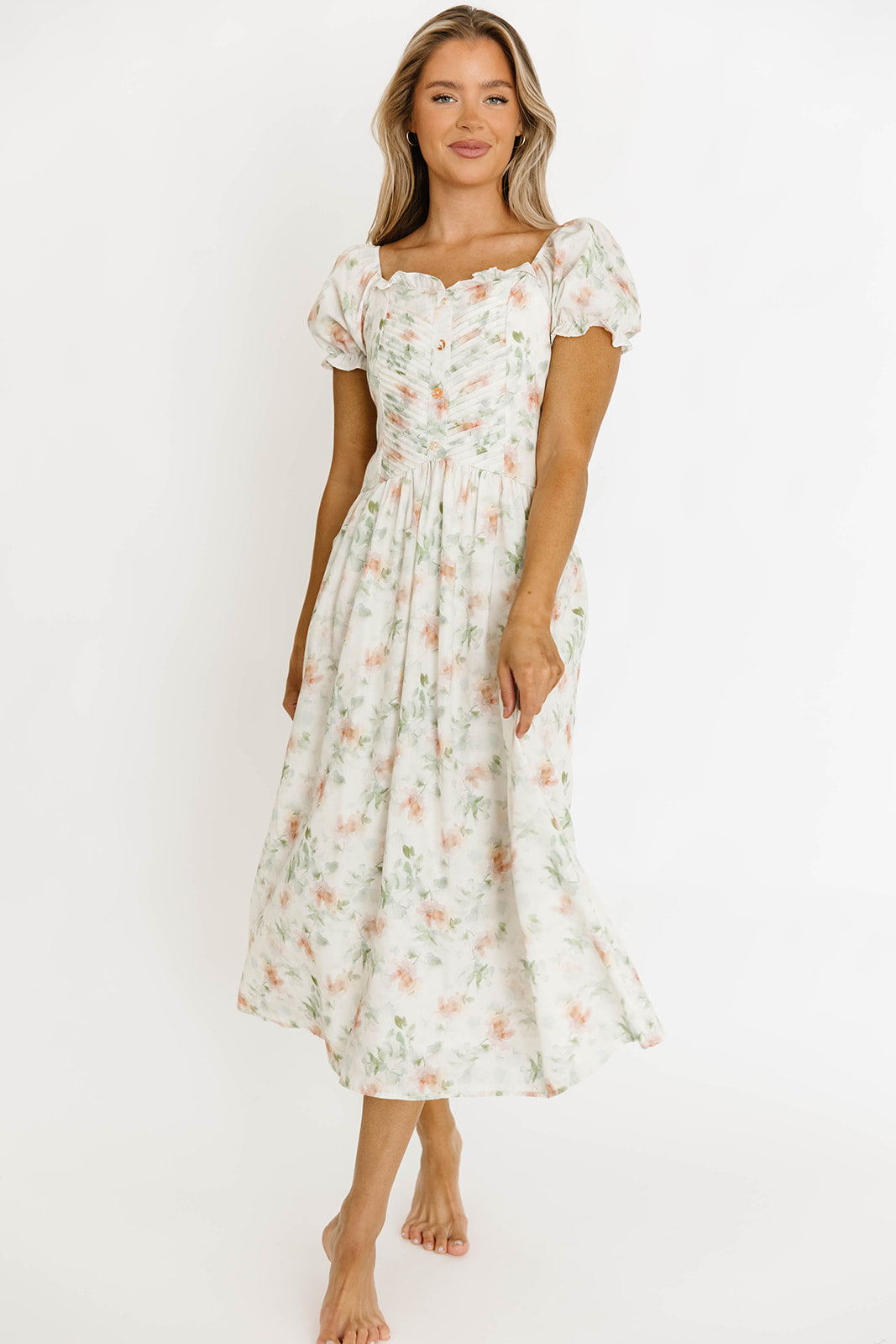 Azalea Ruched Puff Sleeve Midi Dress - Ivory Floral Print Summer Dress for Women, Perfect for Weddings, Parties & Date Nights