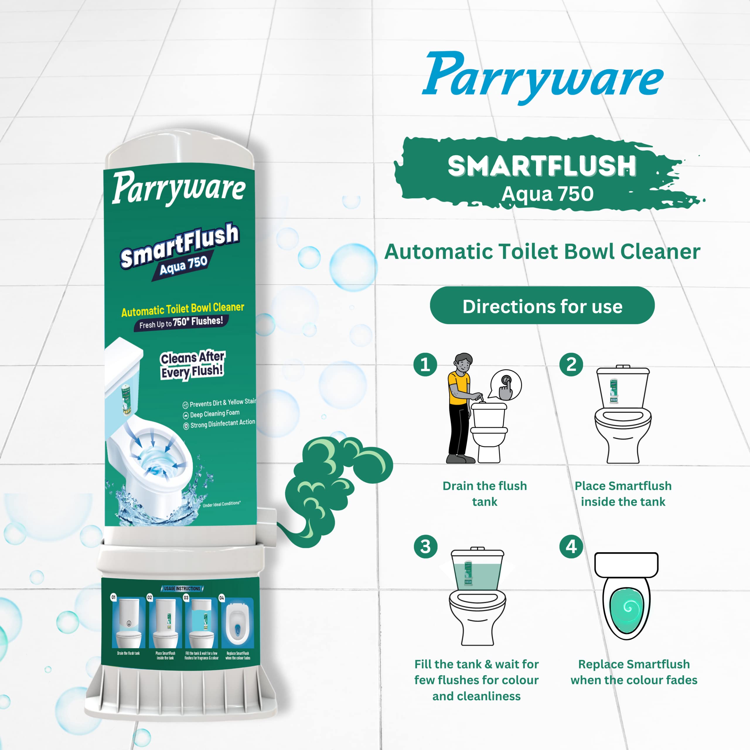 Parryware Smart Flush Aqua 750 Automatic Toilet Bowl Cleaner - Prevents Dirt & Yellow Stains, Kills 99.9% Germs | Fragrance-Free, Long-Lasting 750 Flushes (1-Pack) | Ideal for Homes, Offices & Commercial Restrooms