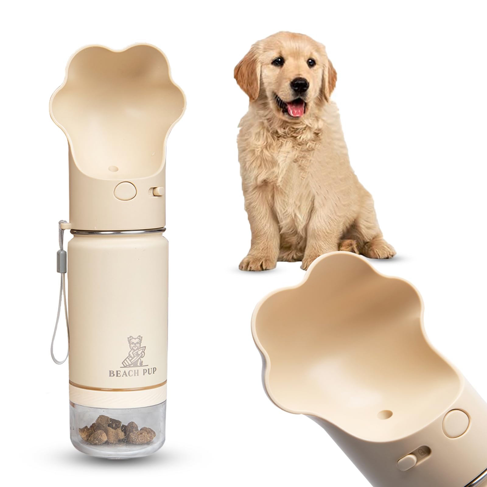 Stainless Steel Portable Dog Water Bottle with Food Container - 10 oz Leak-Proof Pet Water Dispenser with Bowl - Cream Color for Outdoor Hiking, Travel & Walks