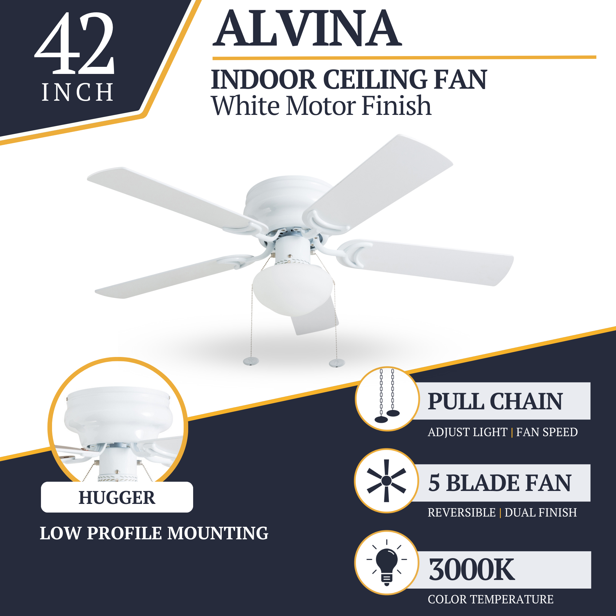 42 Inch Alvina White Ceiling Fan with Pull Chain - Modern Indoor Cooling Fan for Living Room, Bedroom, and Office