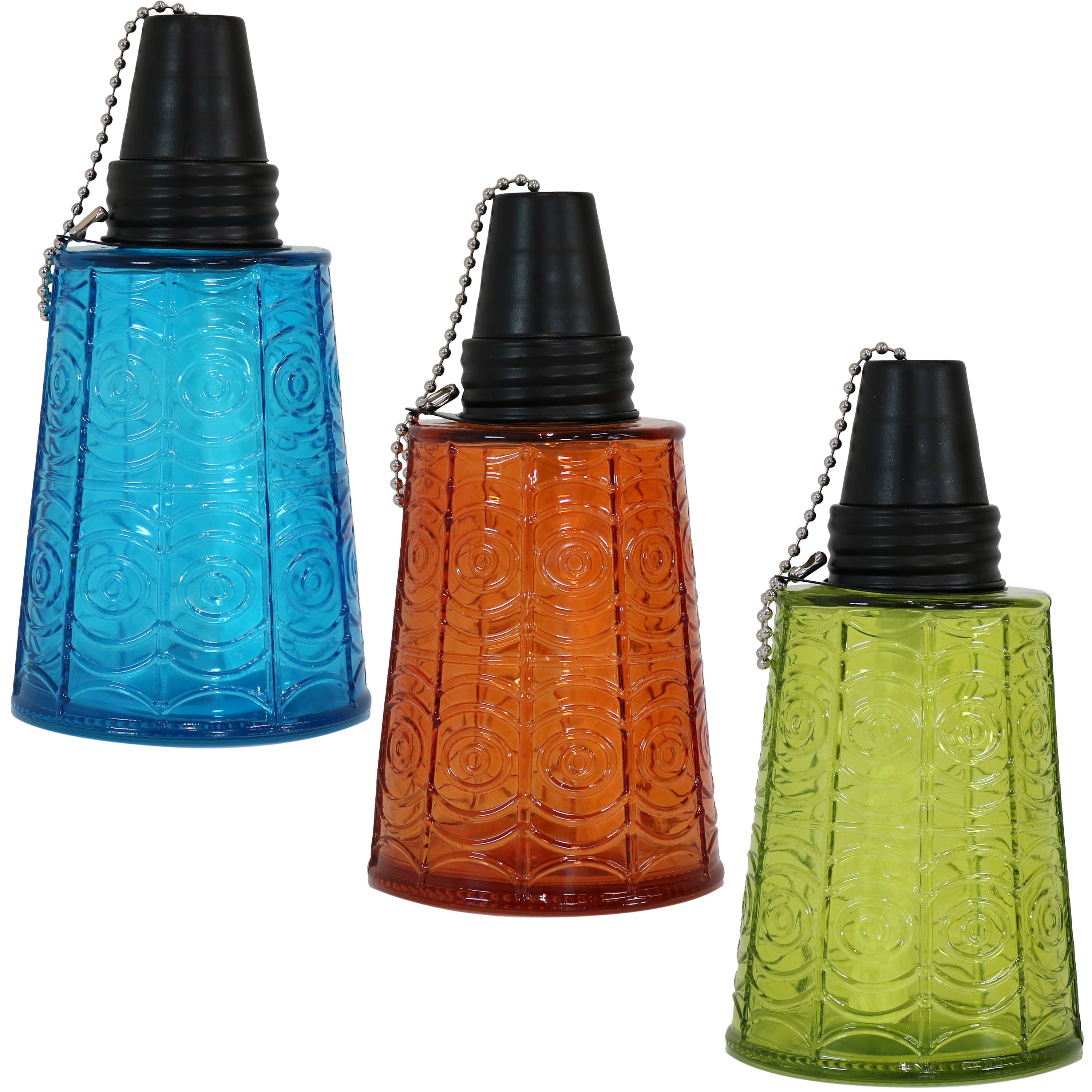 Sunnydaze Set of 3 Glass Tabletop Torches - 1 Blue, 1 Orange & 1 Green - Outdoor Patio Decor, Garden Party Lighting, Backyard Ambiance