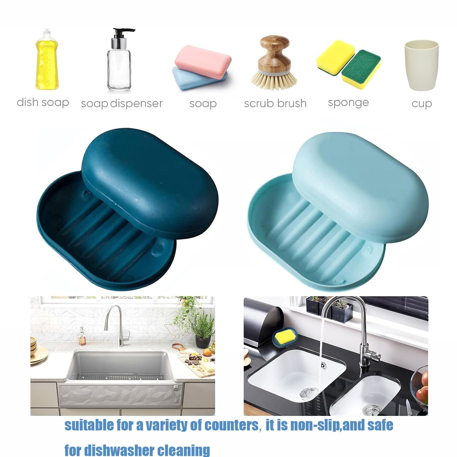 2Pcs Plastic Soap Dish Holder with Lid - Non-Slip Bathroom & Kitchen Soap Tray, Portable Travel Soap Case for Shower, Camping, Gym - Easy to Clean (Blue)