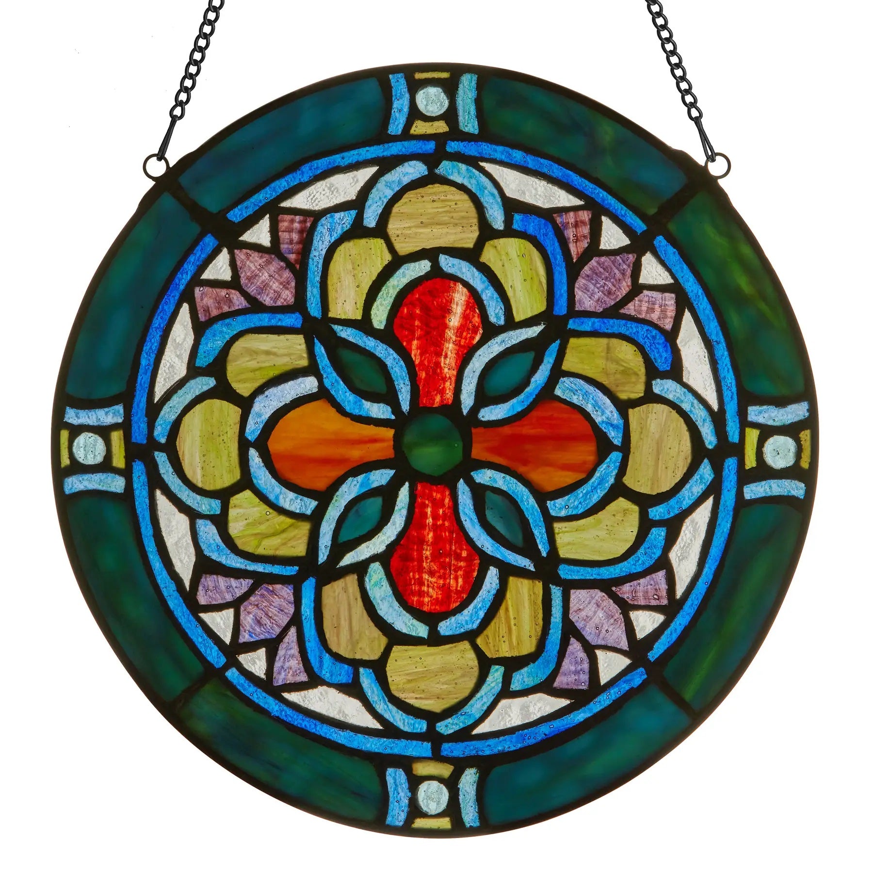 Stained Glass Round Geometric Teal Wall Art - Handmade Decorative Window Panel for Home, Church & Wedding Decor
