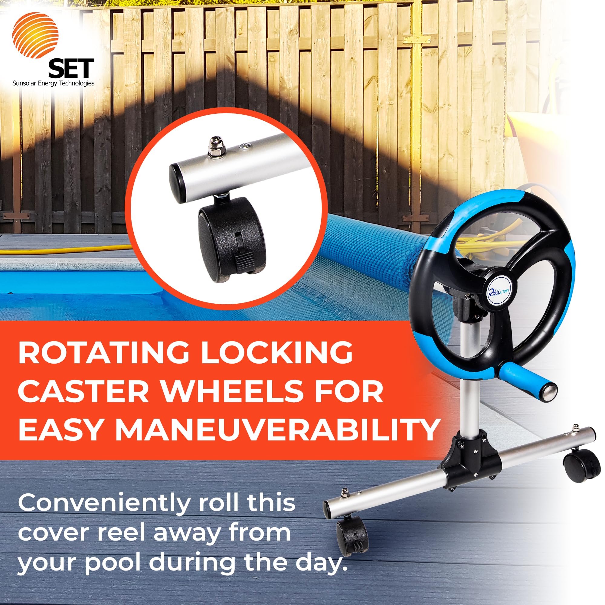 SunSolar In-Ground Pool Cover Reel Set - 3-Piece Aluminum Telescoping Pole with Spinning Reel - Heavy Duty Buckle and Straps for Secure Pool Cover Attachment - Wheeled Base for Easy Moving - 15 Feet - Perfect for Inground Pool Maintenance and Winter Cover Storage
