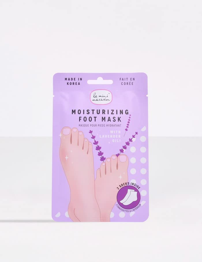 Le Mini Macaron Lavender Foot Care Mask - Moisturizing Socks for Dry Cracked Feet (Purple & White Pair) - Perfect for Spa Night, Self Care & Relaxation at Home