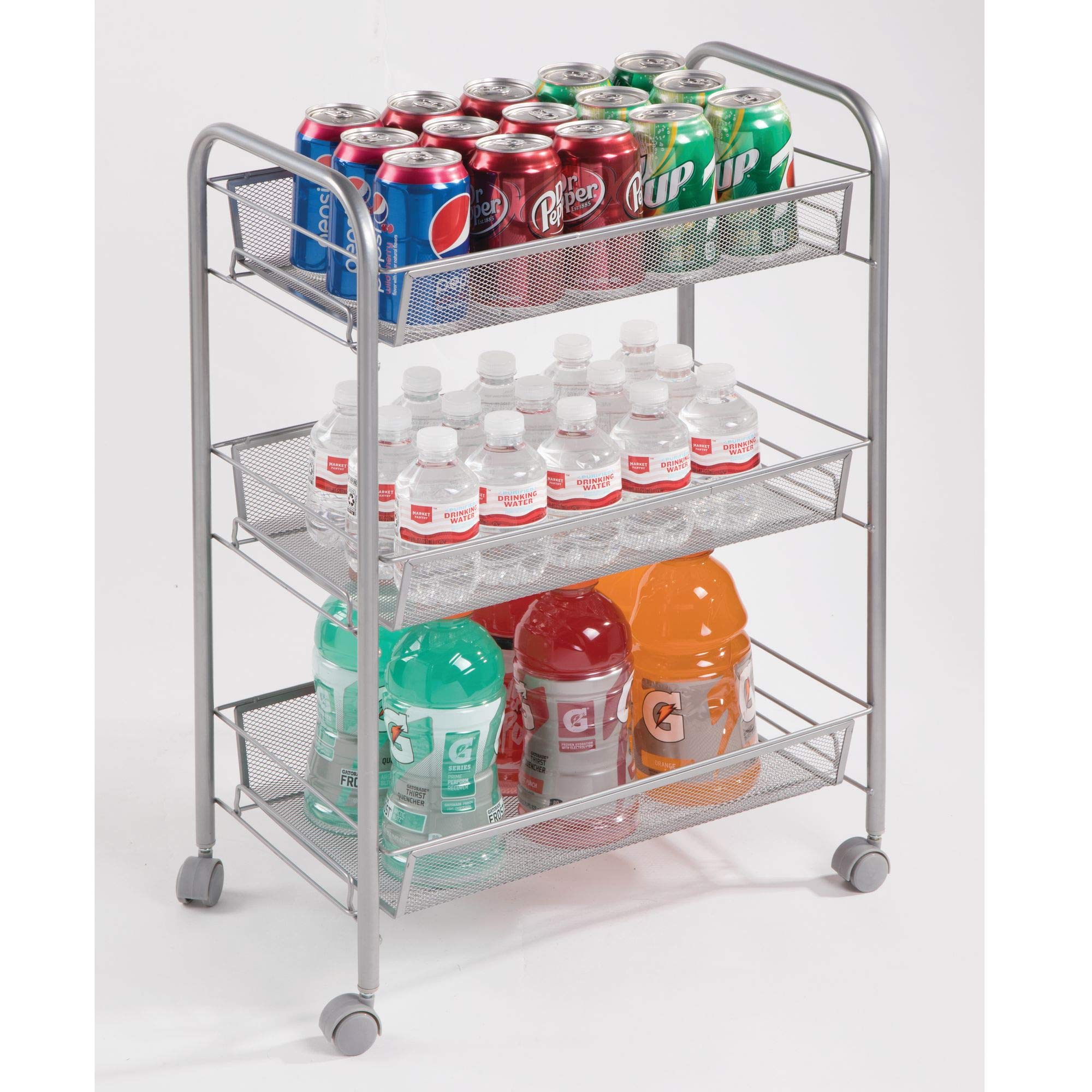 InterDesign 04920 Brio 3-Tier Rolling Storage Cart with Omni-Directional Wheels & Removable Mesh Baskets - Silver | Space-Saving Organizer for Kitchen, Bathroom, Office, or Dorm Room