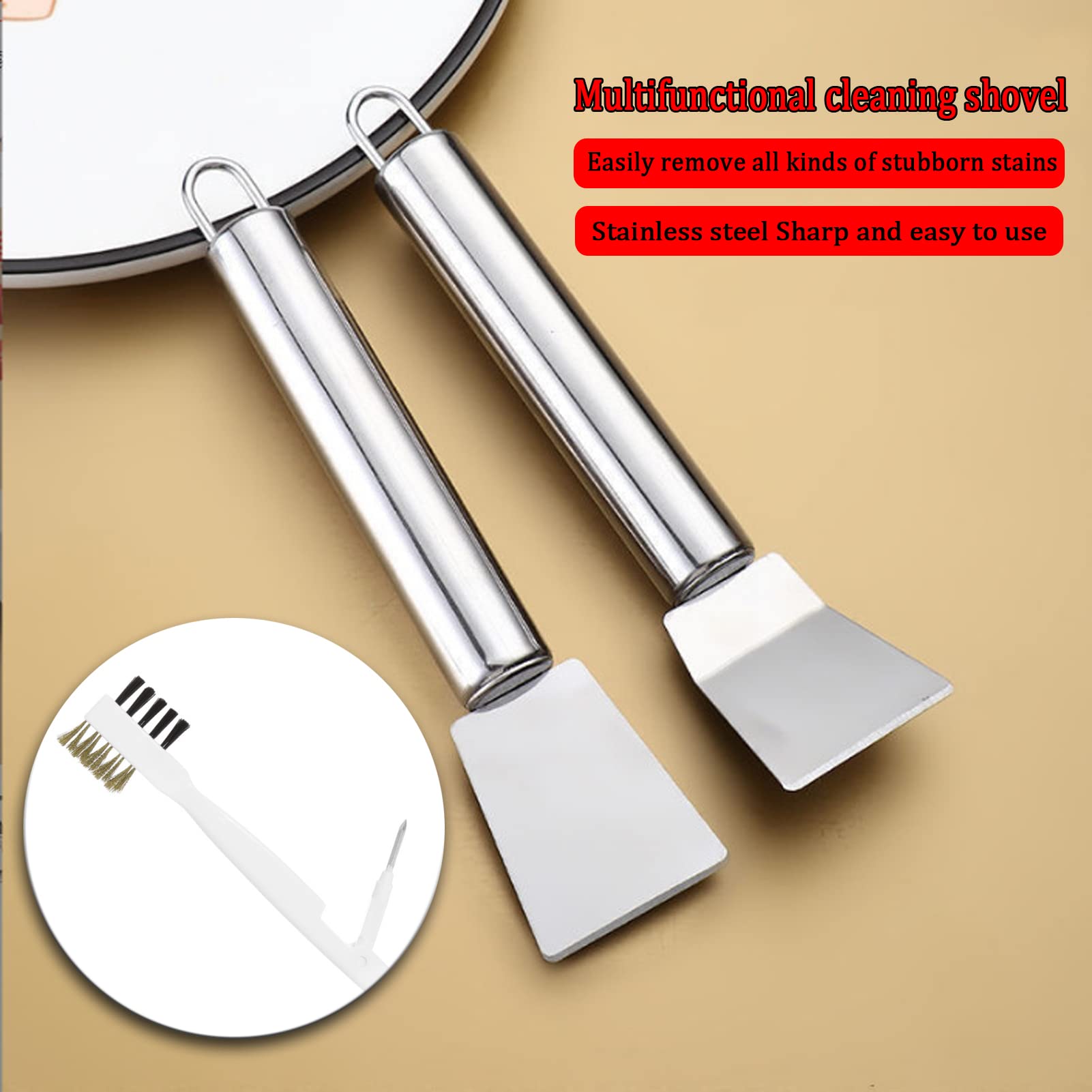BetterJonny 3-Piece Kitchen Cleaning Scrub Brush Set - Heavy Duty Brass Wire Rust Cleaner Brushes & Cooktop Scraper for Pots, Pans, Tiles, Stove Tops - Ideal for Deep Cleaning Kitchen, BBQ Grills, and Household Surfaces