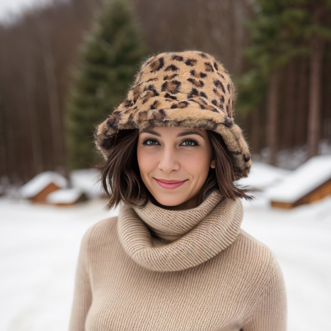 Faux Fur Bucket Hat for Women - Fashionable Animal Print Winter Beanie - Perfect for Outdoor Activities, Travel, and Streetwear Style