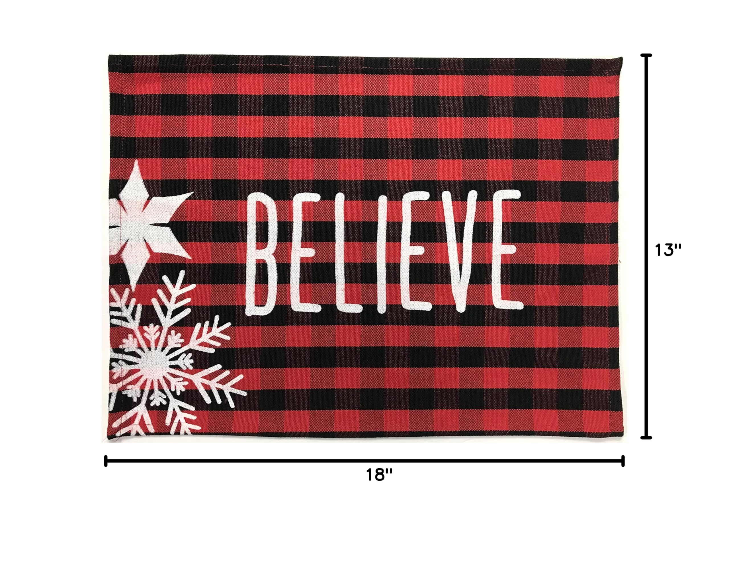 Farmhouse Christmas Placemats Set of 6 - Distressed Believe Print Holiday Table Mats in Black & Red Check Fabric for Dining Decor - Perfect for Christmas Dinner, Winter Gatherings & Festive Home Decor