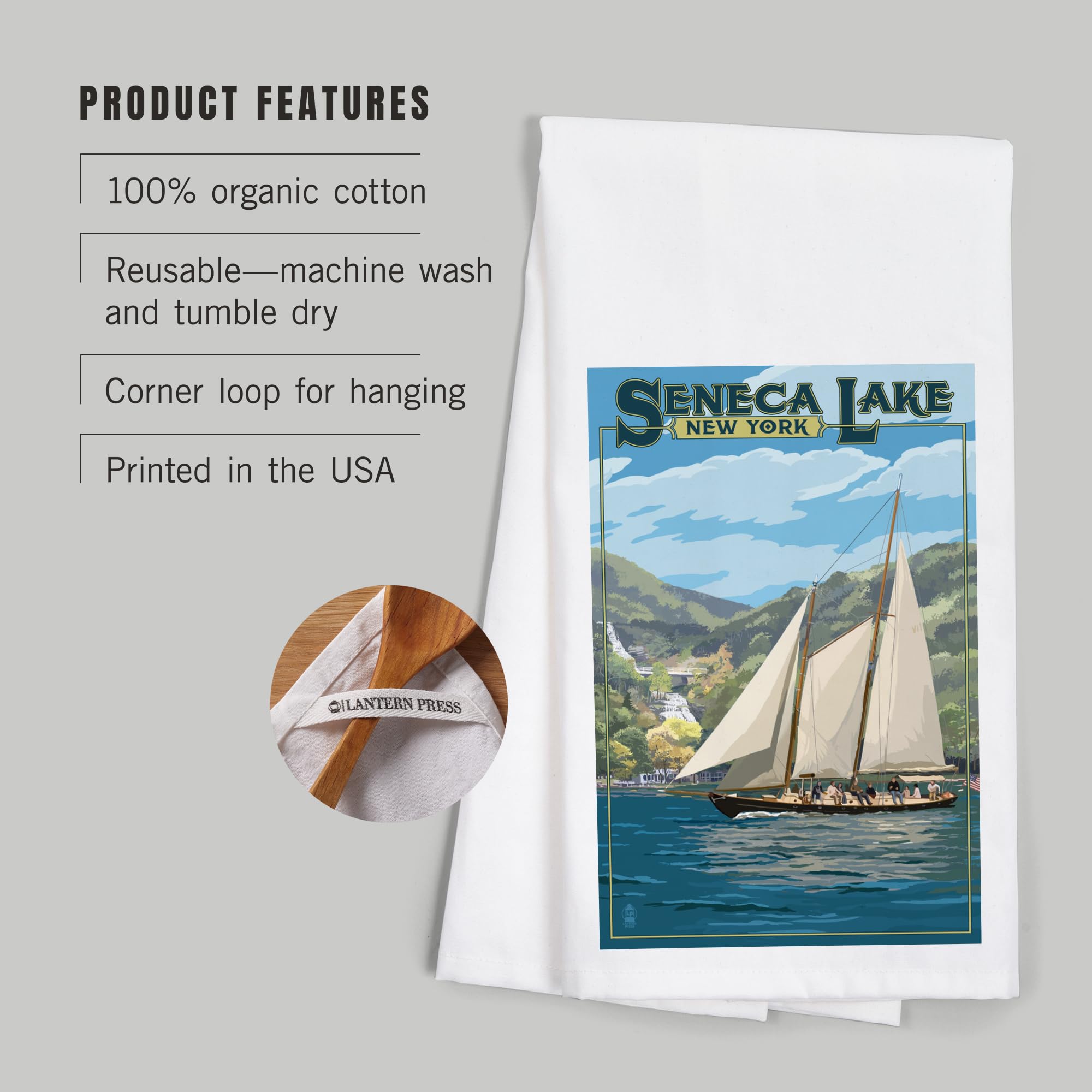 Seneca Lake New York Schooner Sailboat 100% Cotton Tea Towel - Decorative Hand Towel for Kitchen & Home - Perfect for Dish Drying, Gift Giving & Coastal Decor