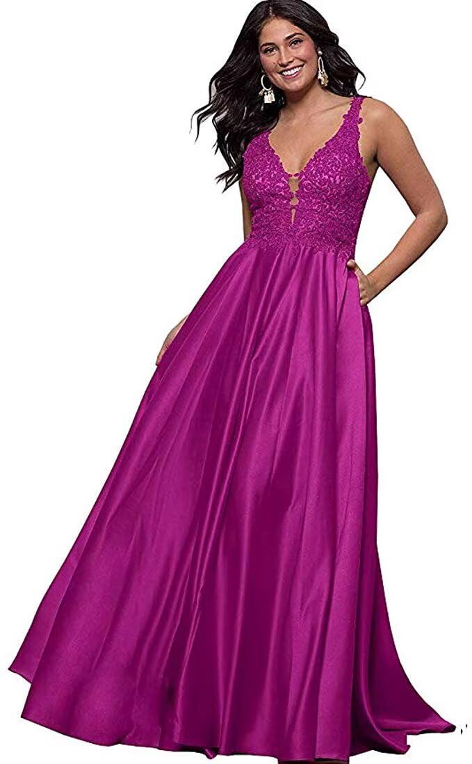 Elegant Long Prom Dress for Women - Lace Appliques Evening Gown with Lace-Up Back, Satin Bridesmaid Dress for Formal Parties, Weddings & Special Occasions
