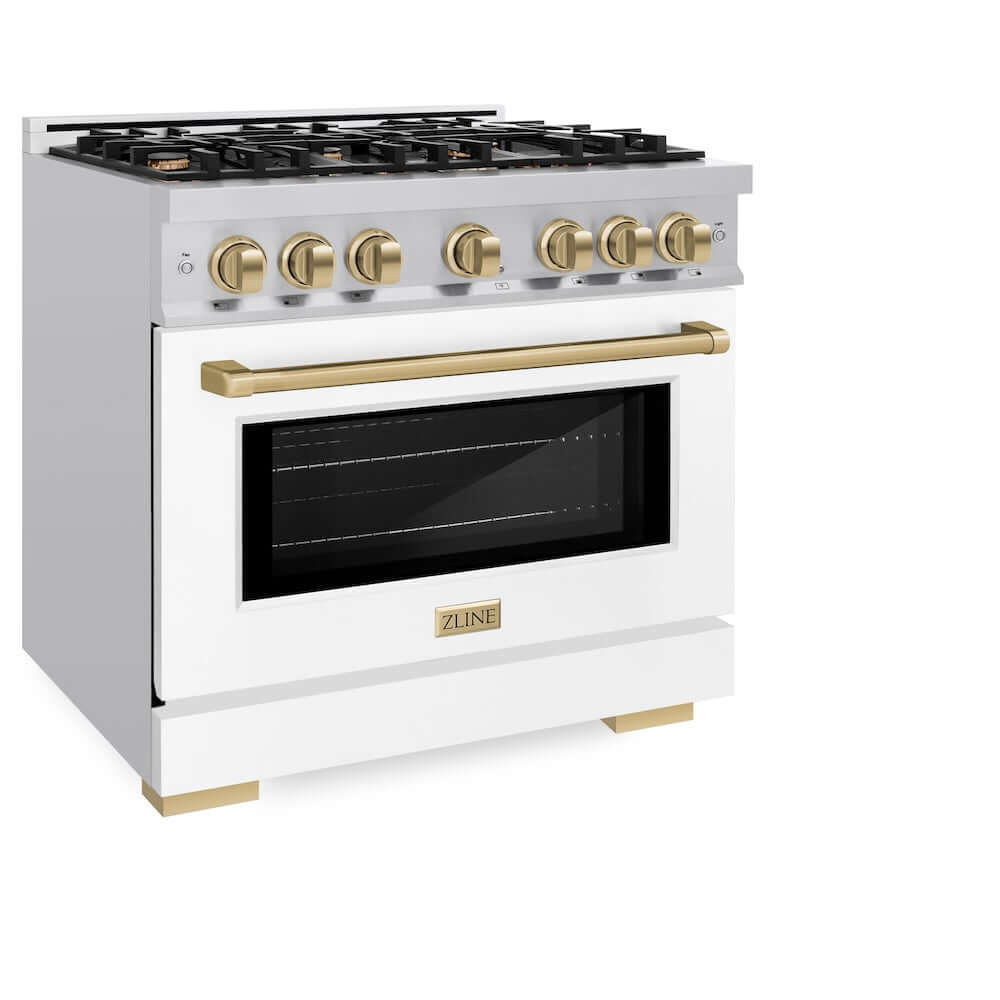 ZLINE Autograph Edition 36-inch 5.2 cu. ft. Stainless Steel Gas Range with 6 Burner Cooktop, Convection Oven, White Matte Door & Champagne Bronze Accents - Perfect for Professional Home Chefs & Modern Kitchens (HGRZ WM 36 CB)