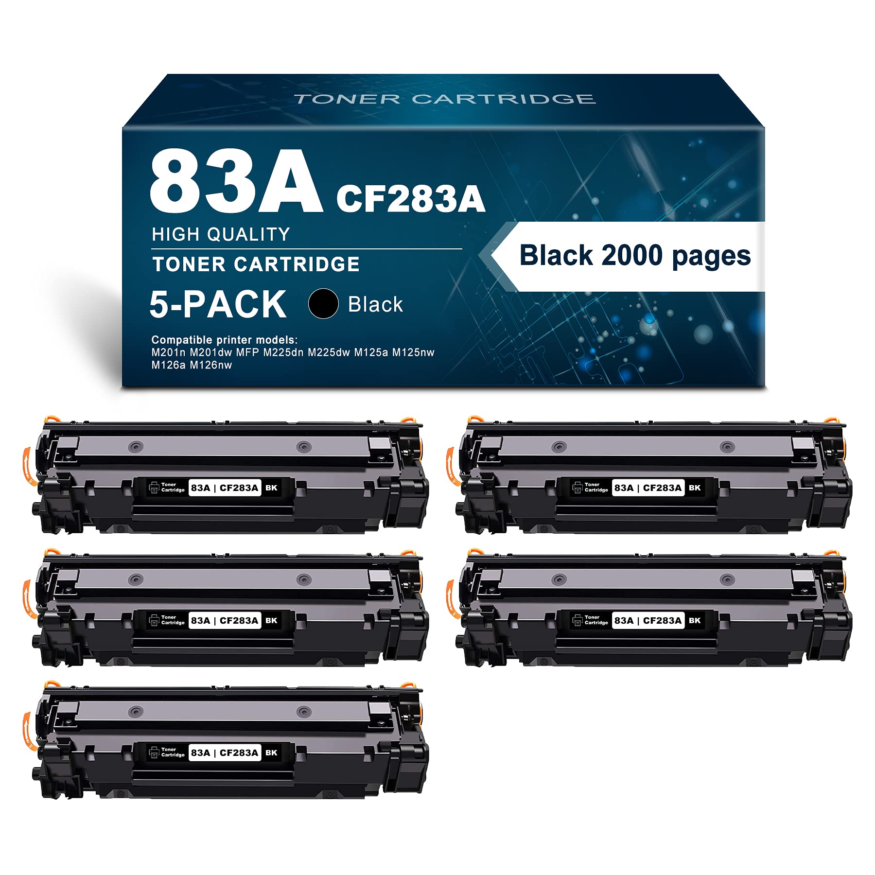 83A Toner Cartridge 5-Pack - Compatible with HP M225dn, M125a, M126nw, M127fw, M201dw & More | High-Yield Replacement for CF283A/83A | Perfect for Home Offices, Small Businesses & High-Volume Printing