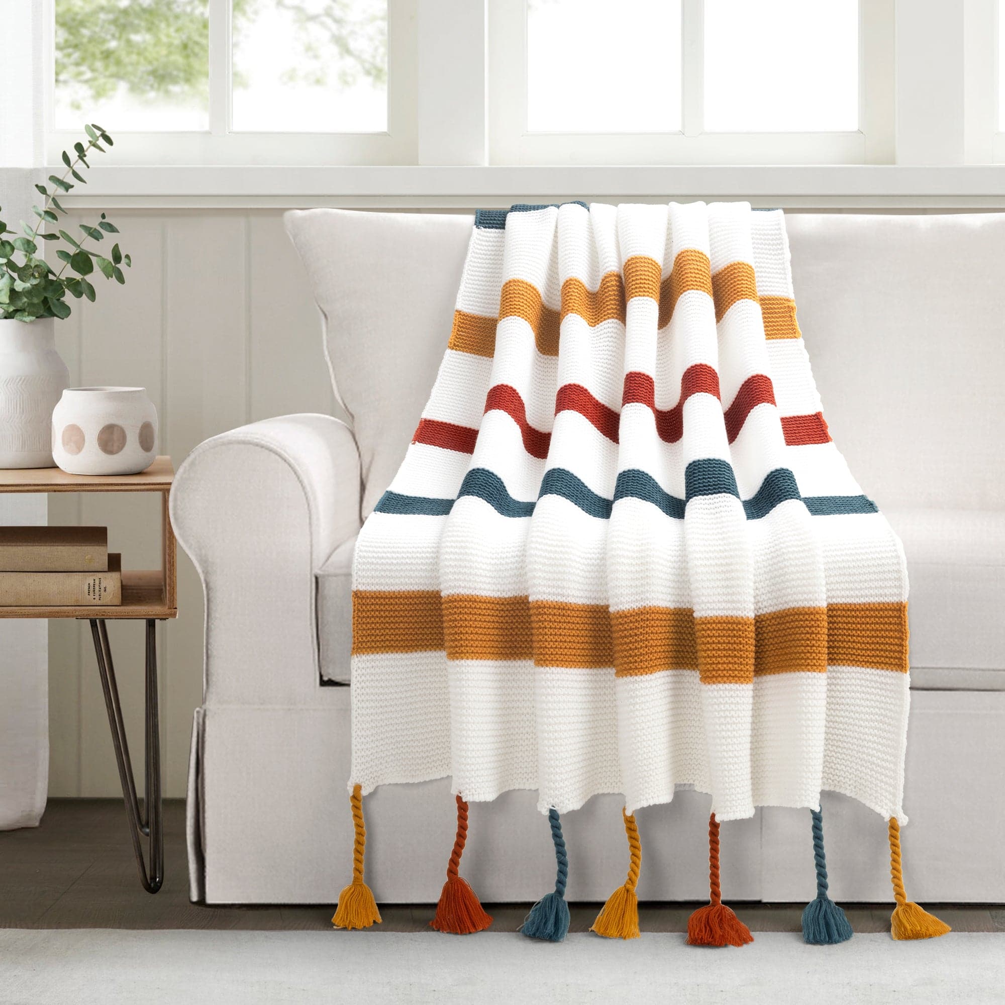 Boho Knitted Braided Tassel Throw Blanket - Soft Handmade Cotton Decorative Couch Cover for Living Room, Bedroom & Boho Home Decor