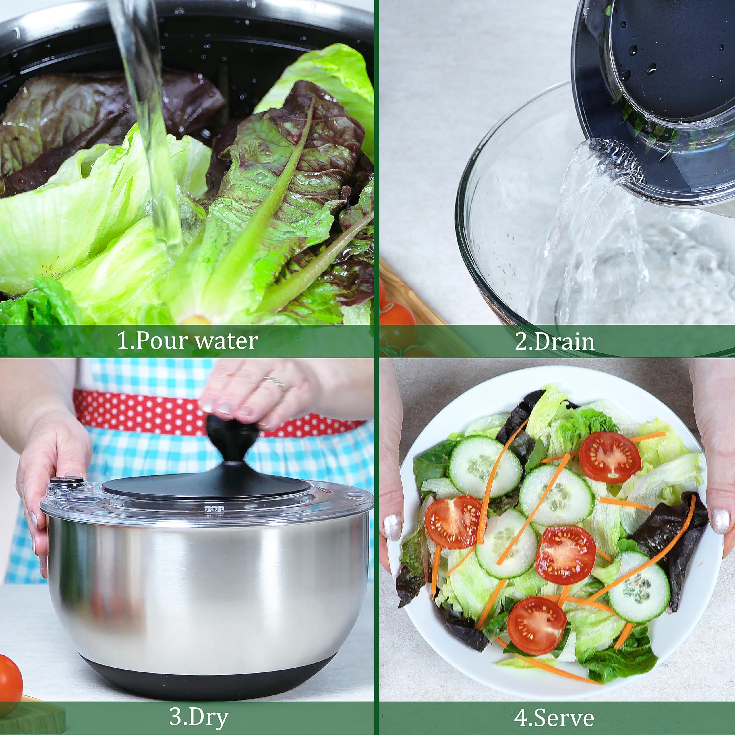 Best Rated Stainless Steel Salad Spinner 5.28Qt - Large Lettuce Dryer with Strainer Basket - Premium Kitchen Gadget for Washing Greens - Includes Free Vegetable Slicer - Perfect for Home Chefs & Healthy Meal Prep