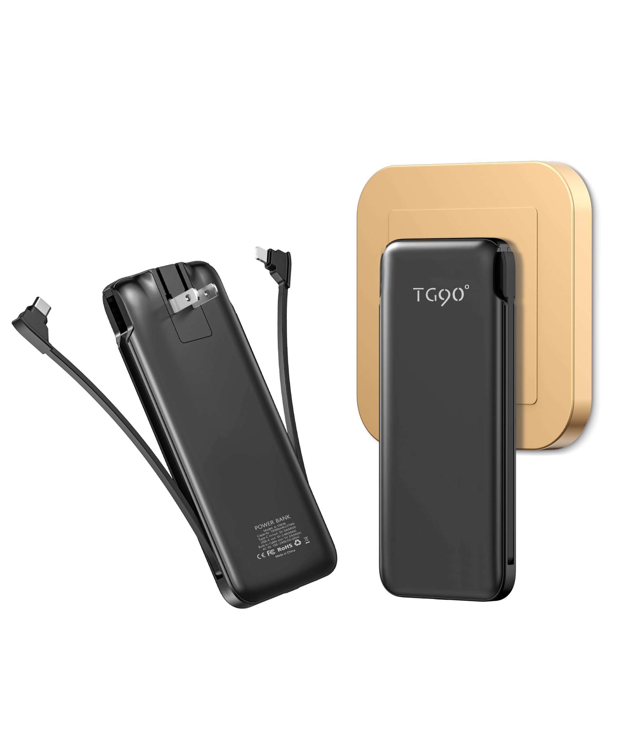 TG90° 10000mAh All-in-One Portable Charger with Built-in Cables & AC Wall Plug - Fast Charging Power Bank for iPhone, Android Phones - Perfect for Travel, Camping & Emergency Power Backup