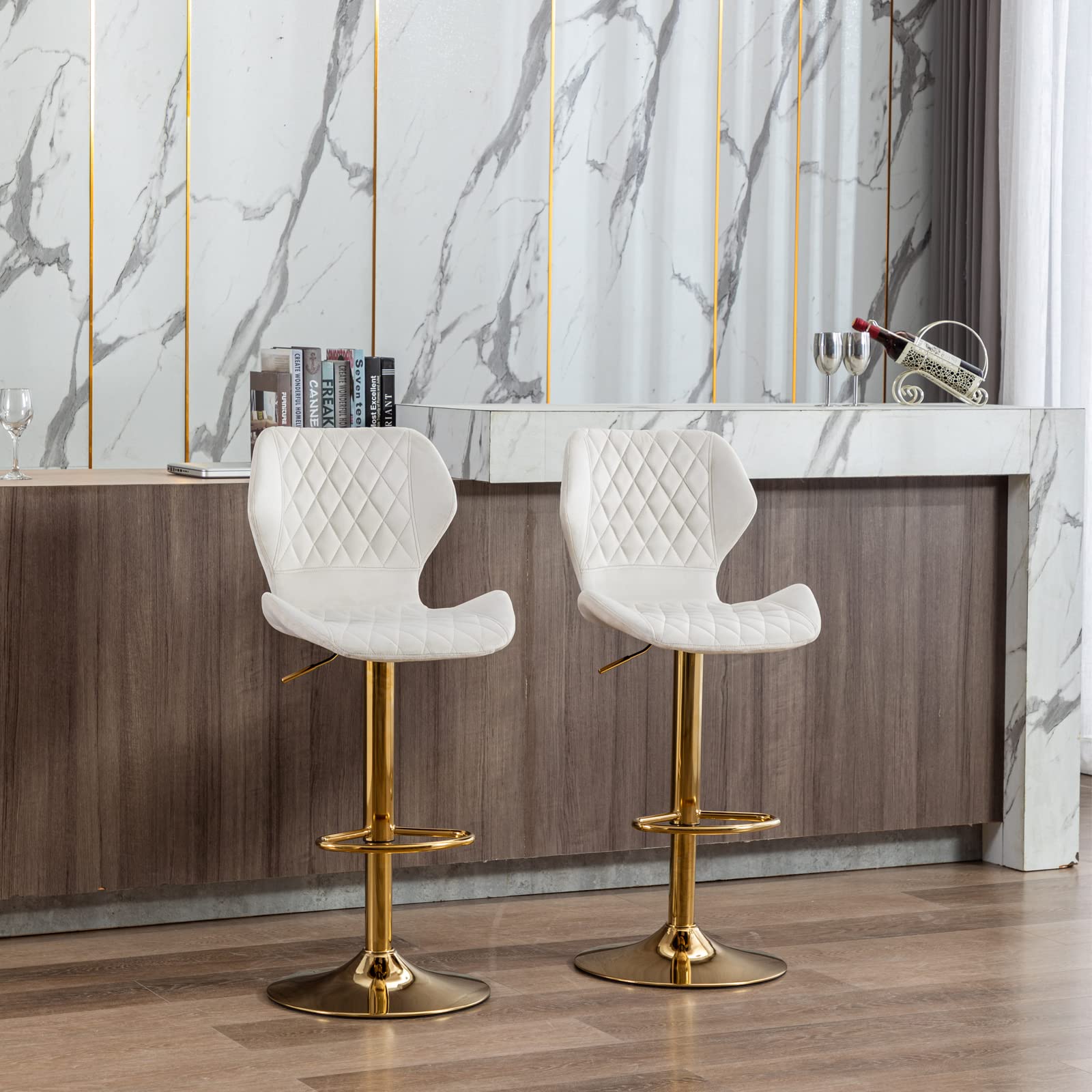2-Pack Swivel Bar Stools with Adjustable Height & Backrest - Modern Velvet Counter Chairs with Golden Base for Kitchen Island, Dining Room & Home Bar - Perfect for Entertaining, Breakfast Nook & Small Spaces (Cream)