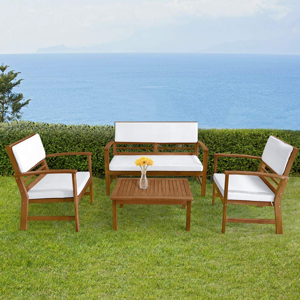 4-Piece Acacia Wood Outdoor Patio Conversation Set with Water Resistant Cushions & Coffee Table - Perfect for Poolside, Beach, Backyard, Balcony & Garden Relaxation