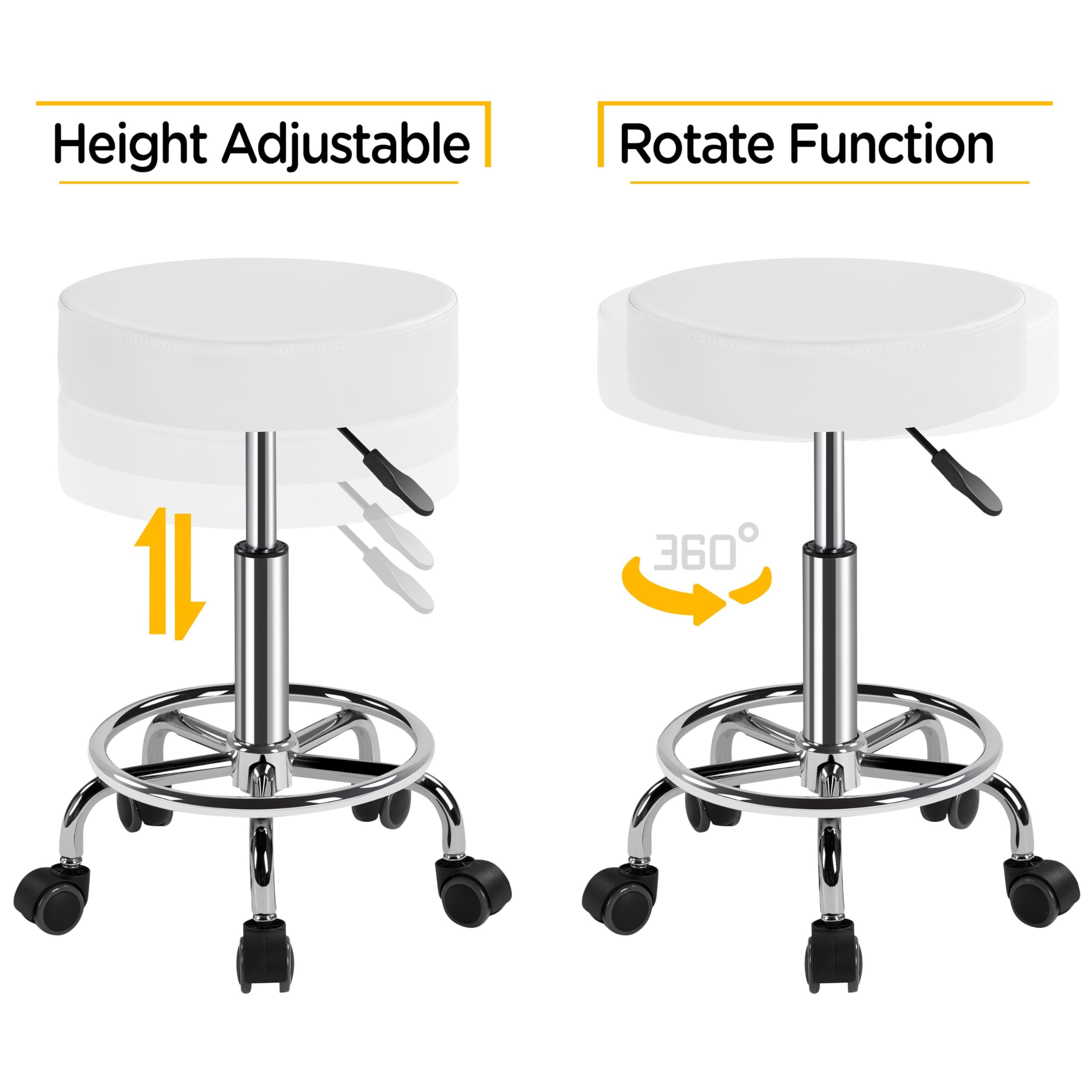 Topeakmart Adjustable Rolling Stool with Footrest - Swivel Spa Chair for Tattoo, Massage, Office & Beauty Salon - PU Leather Drafting Stool with Height Adjustment (White) - Perfect for Tattoo Artists, Hair Stylists, and Salon Professionals